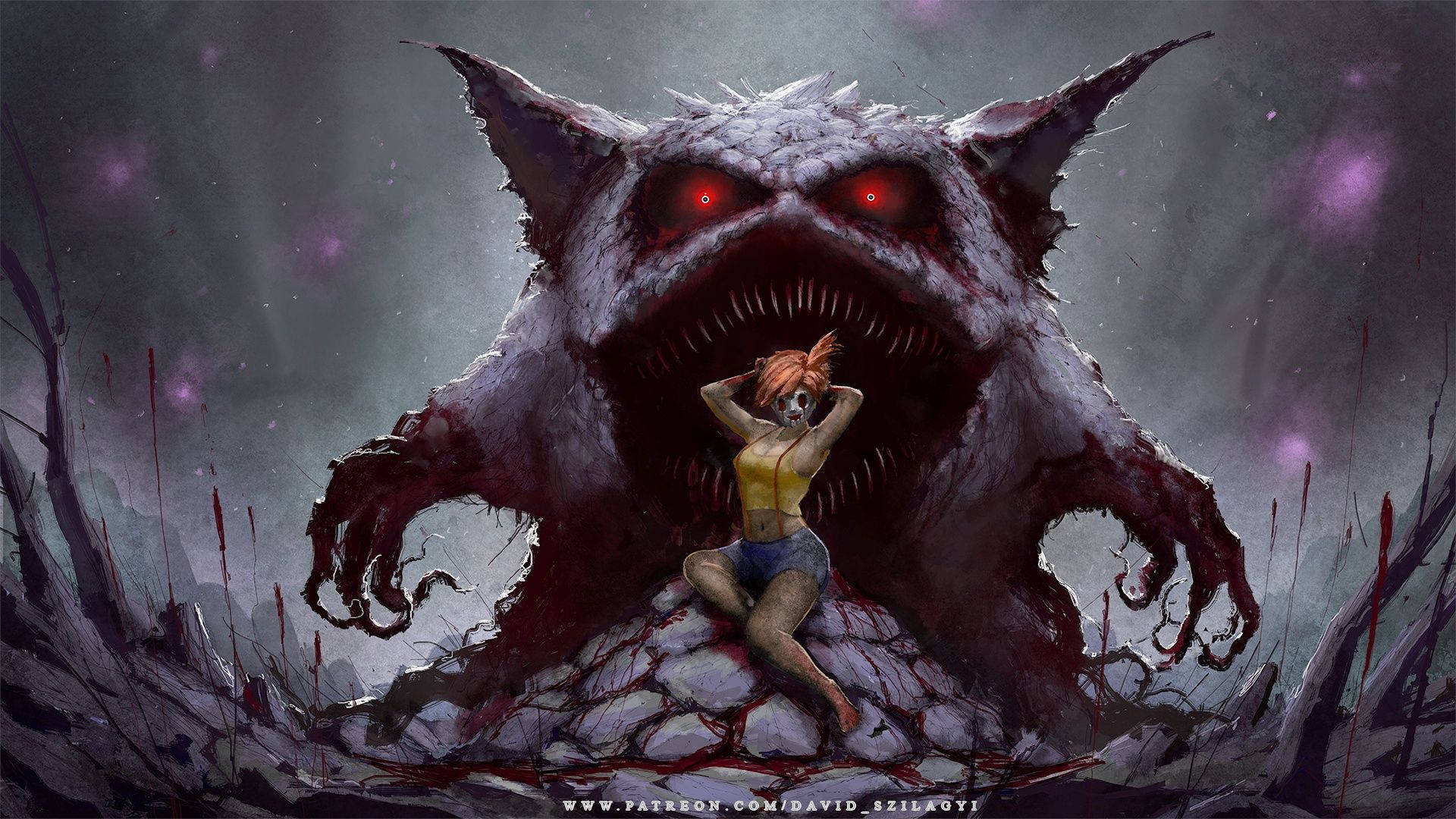 Gengar, misty night, glowing red eyes, Full HD Desktop Wallpaper