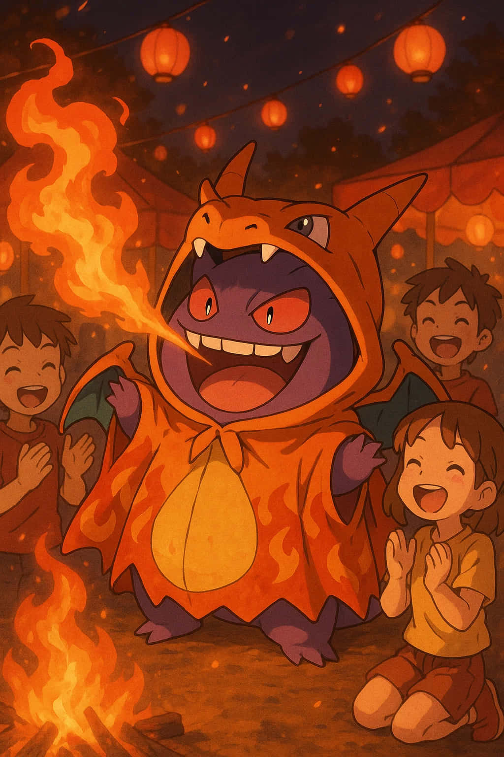 Gengar, flame-patterned costume, campfire, HD Phone Wallpaper