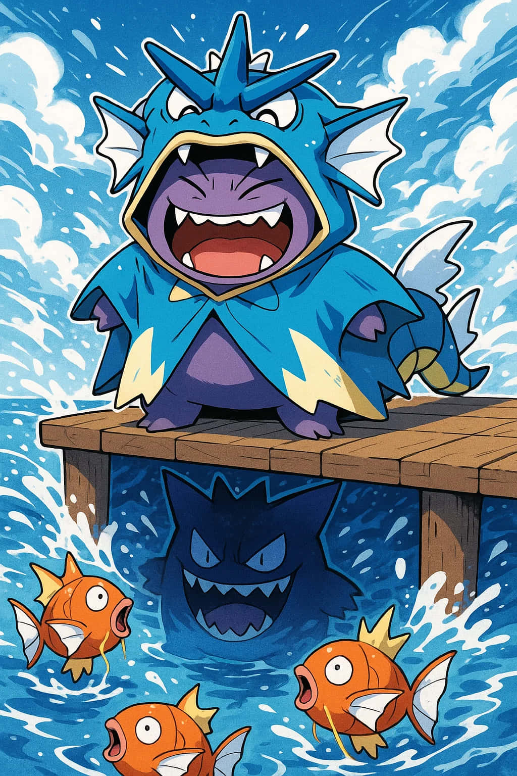 Gengar, blue spiky Pokémon, wooden dock, HD Phone Wallpaper