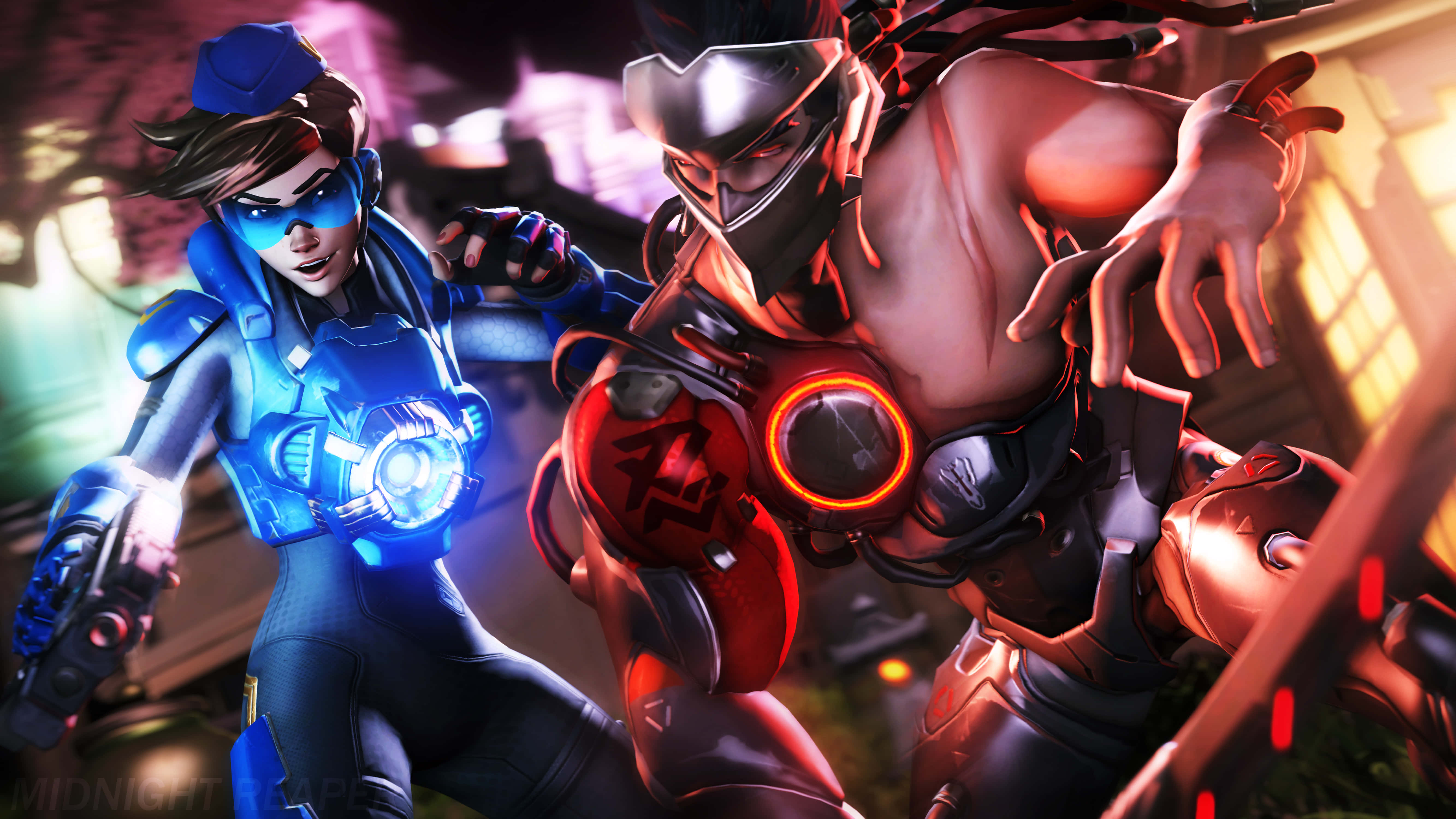 Genji 4K, blue and red armor, neon-lit urban alley, 5K Desktop Wallpaper