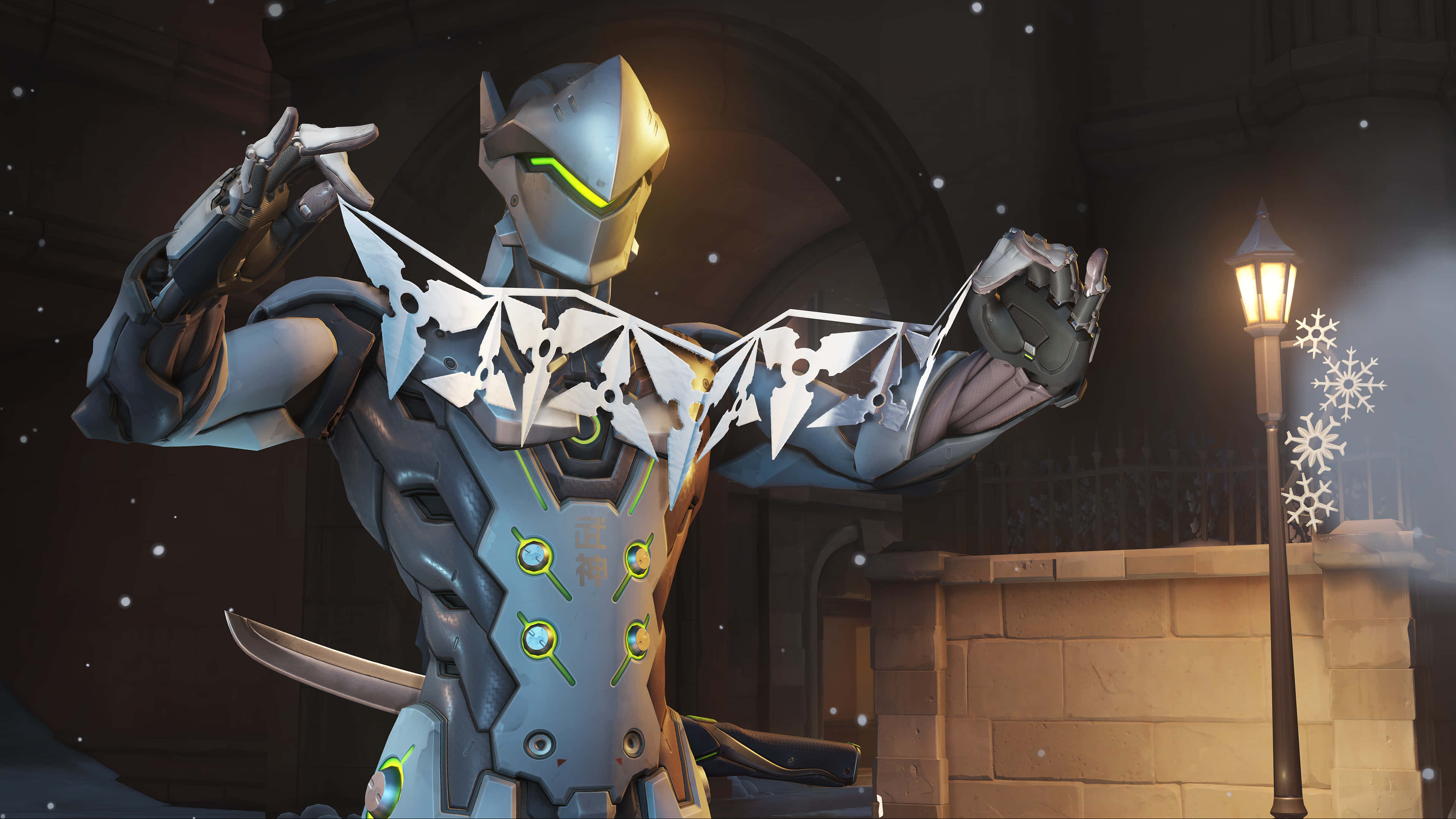 Genji 4K, futuristic armored warrior, glowing green accents, 4K Desktop Wallpaper