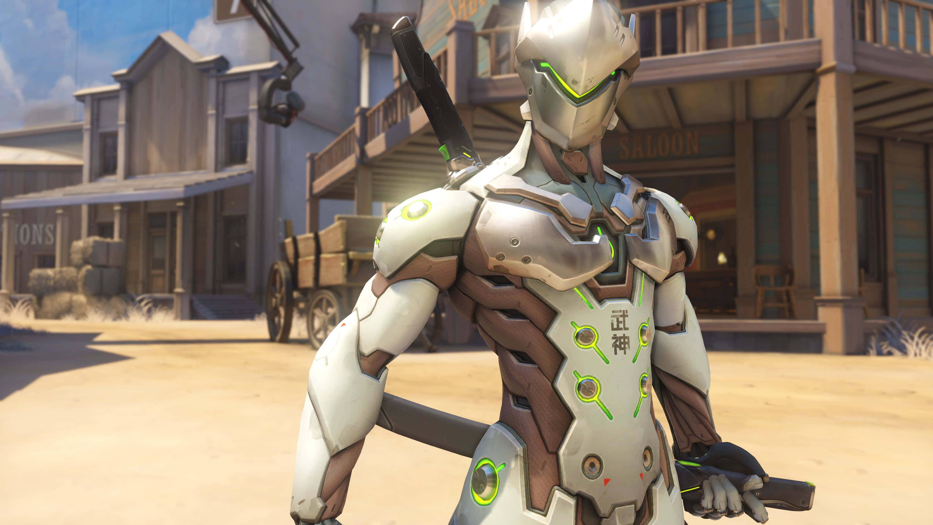 Genji 4K, futuristic armored warrior, glowing green accents, 4K Desktop Wallpaper