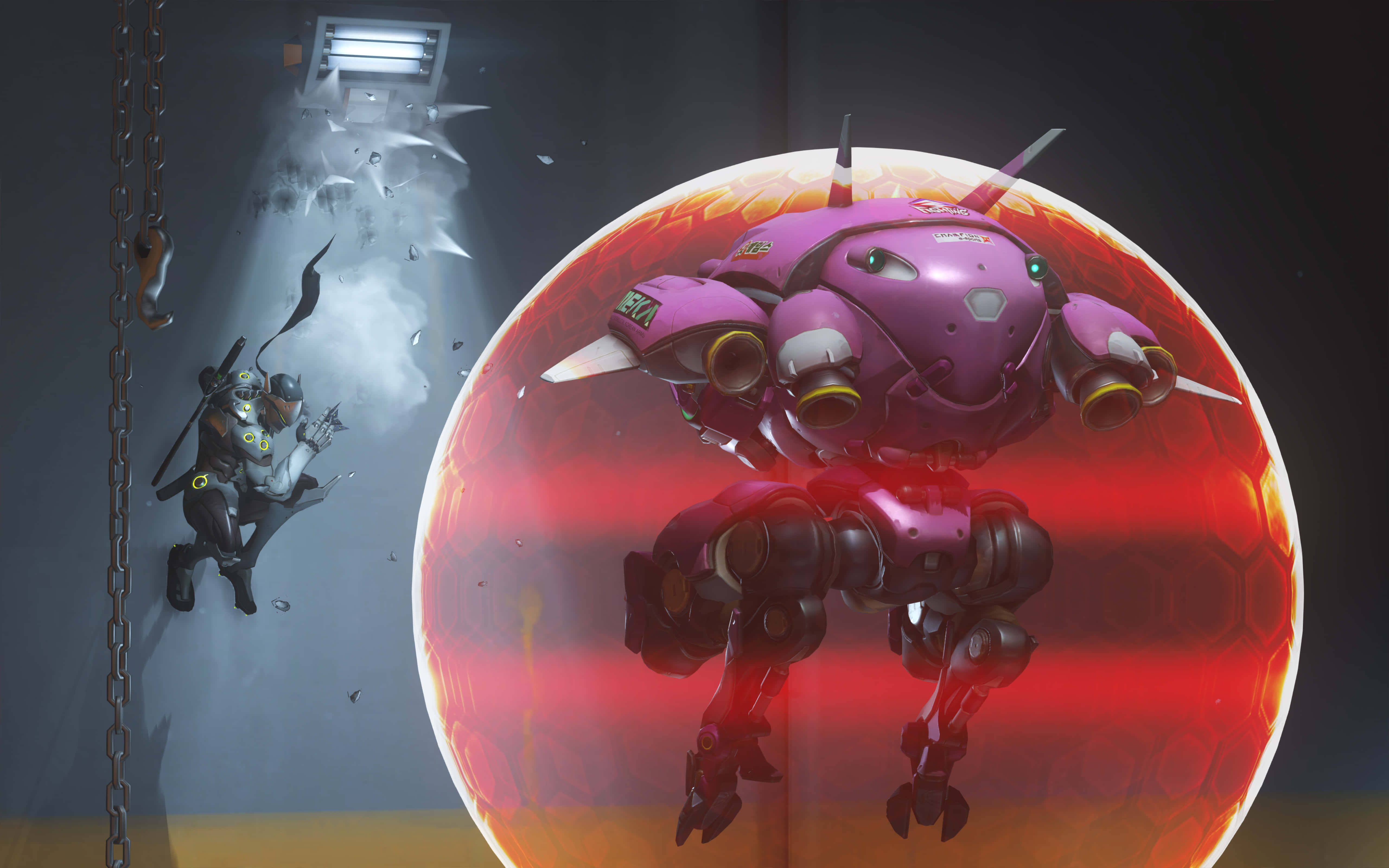 Genji, purple robotic mech, glowing red sphere, 5K Desktop Wallpaper