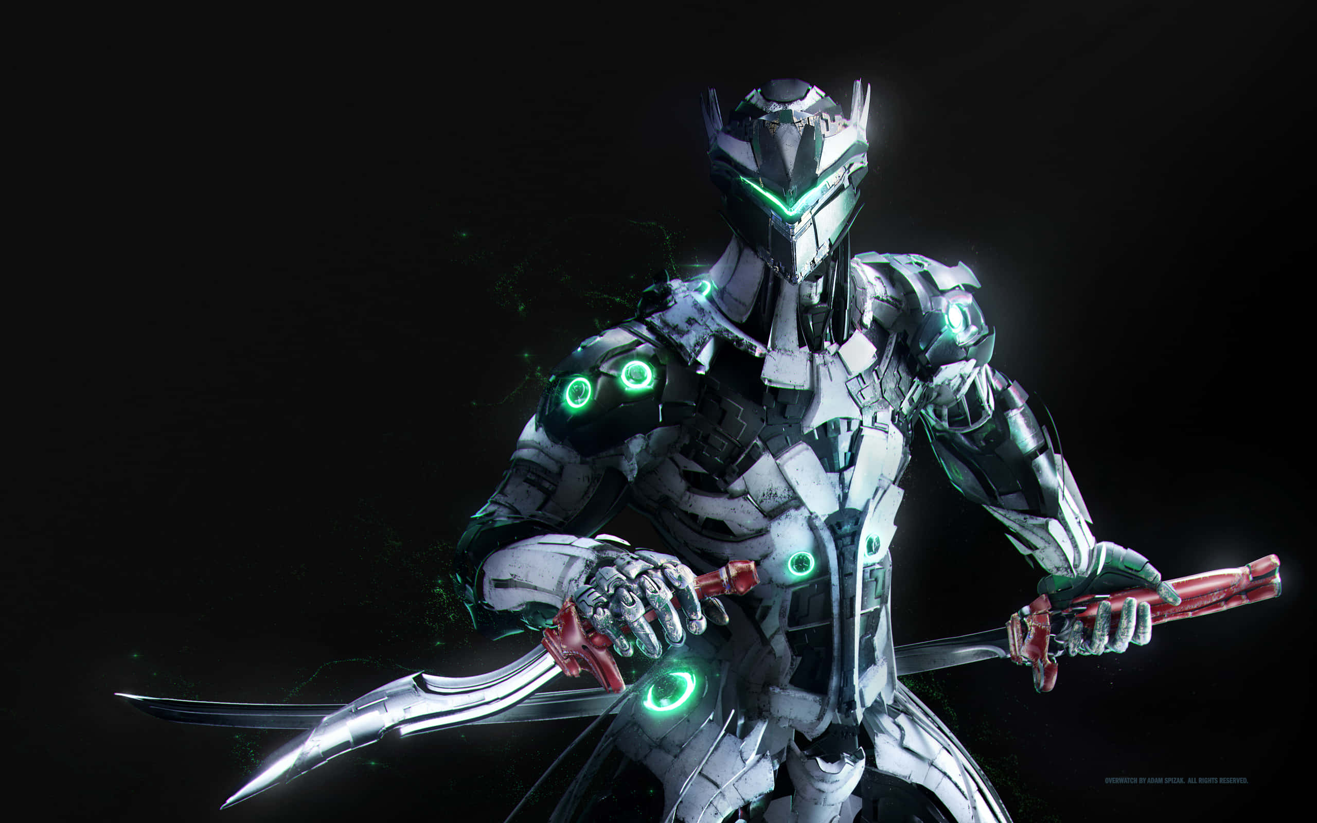 Genji 4K, glowing green eyes, circuits, 2K Desktop Wallpaper