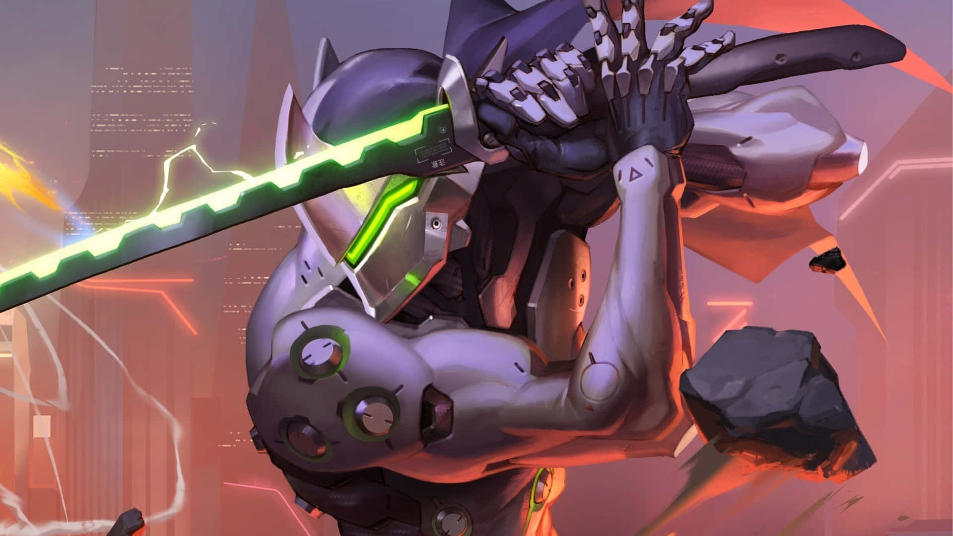 Genji, glowing green sword, shattered urban battlefield, Full HD Desktop Wallpaper