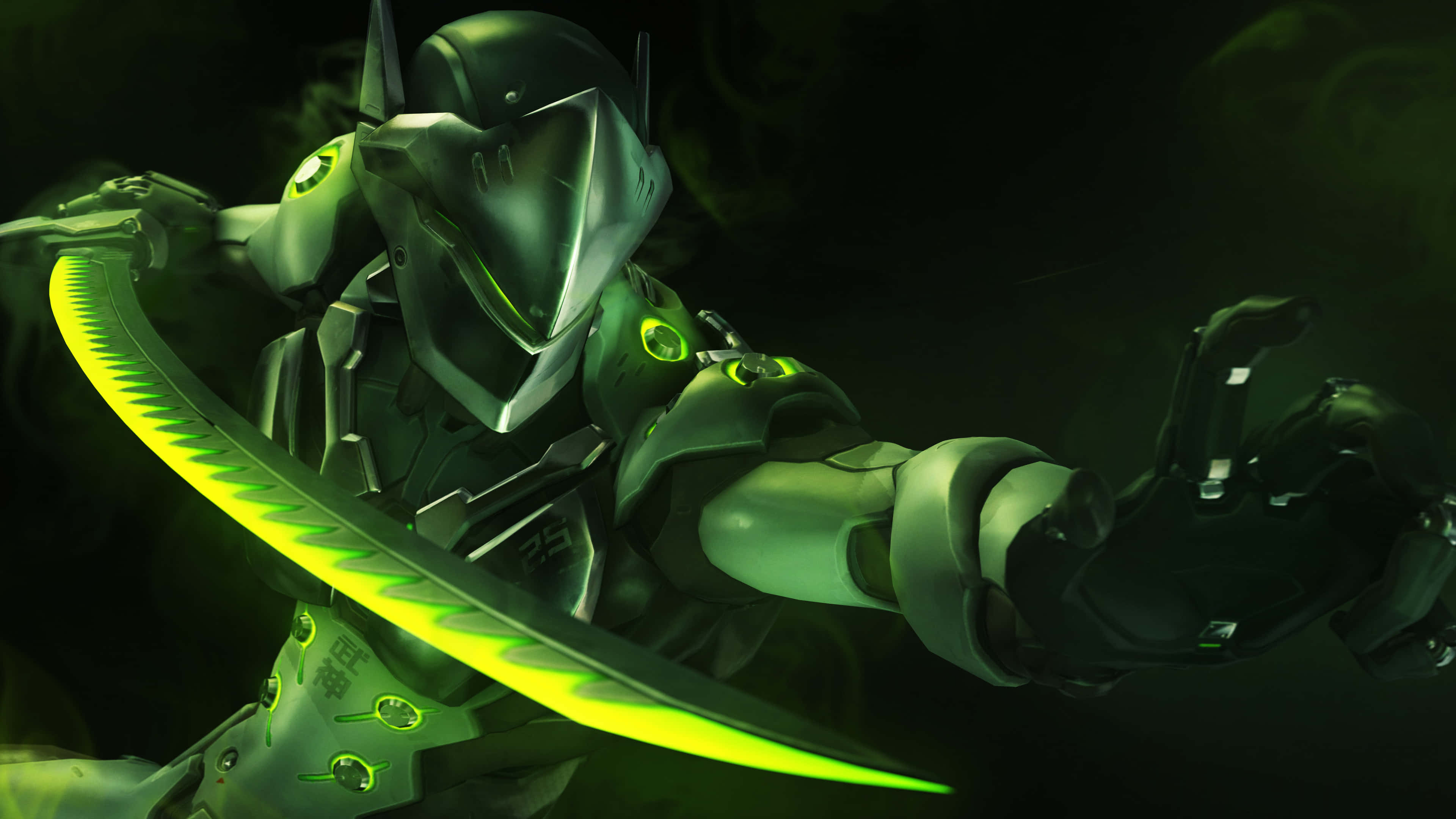 Genji 4K, glowing green katana, futuristic armored warrior, 4K Desktop Wallpaper