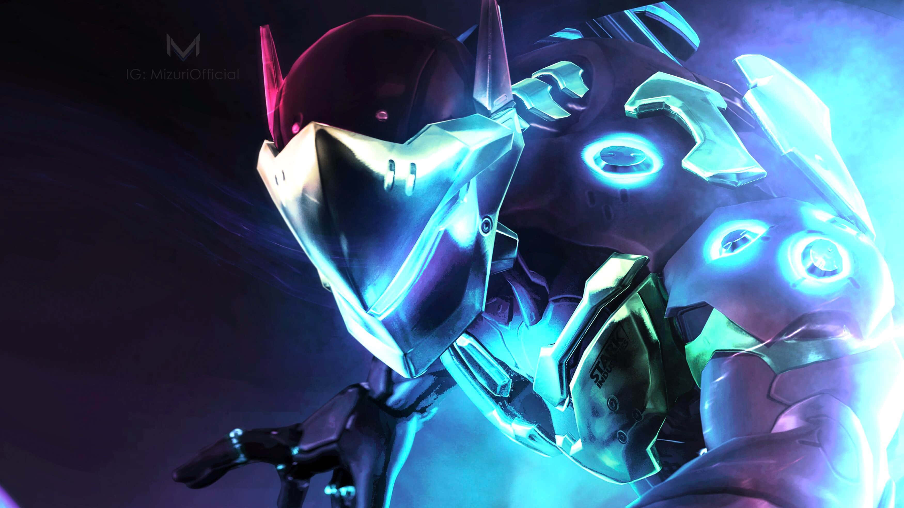 Genji 4K, futuristic armored warrior, glowing blue and purple circuits, 2K Desktop Wallpaper