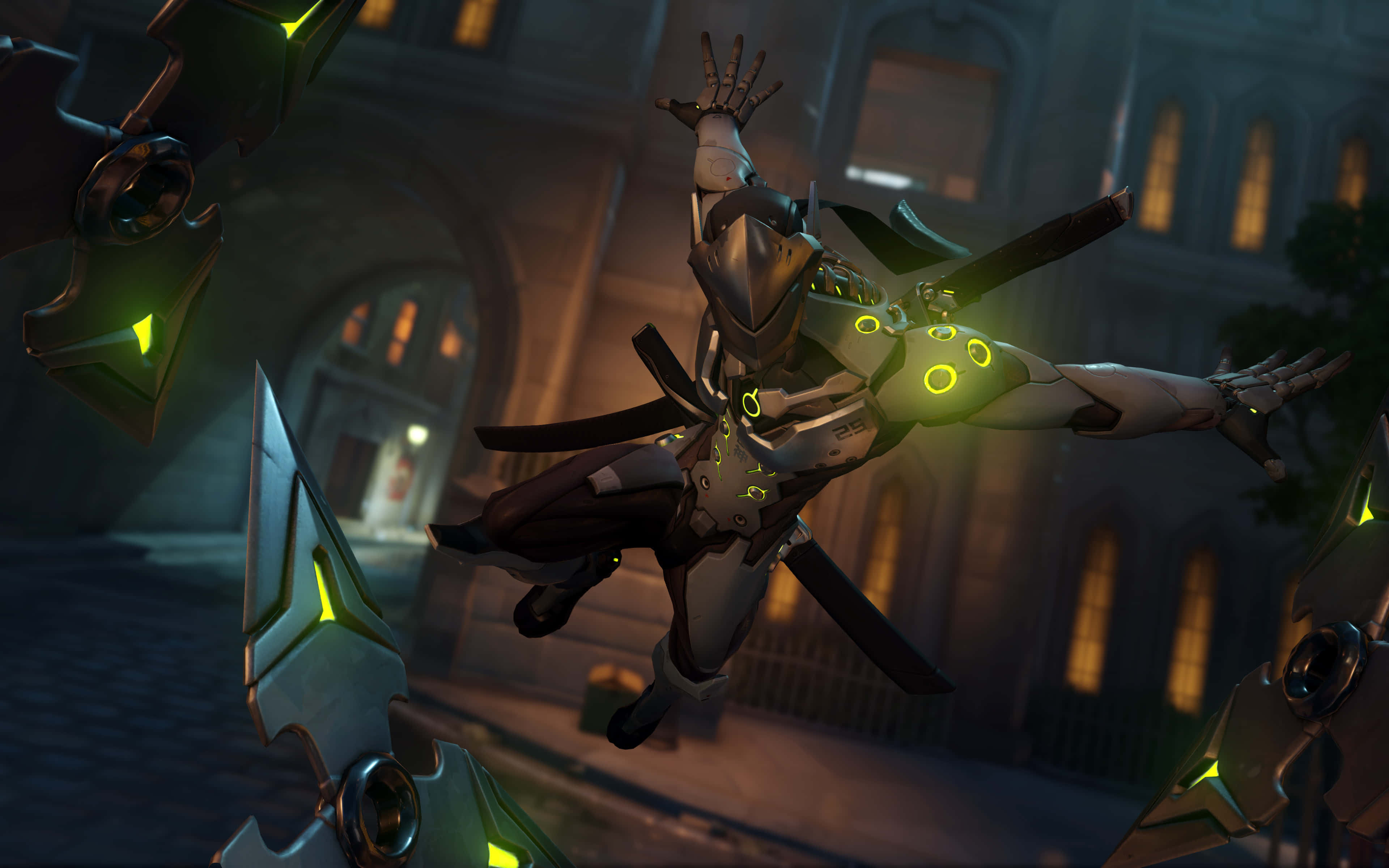 Genji 4K, futuristic armored warrior, glowing green accents, 4K Desktop Wallpaper
