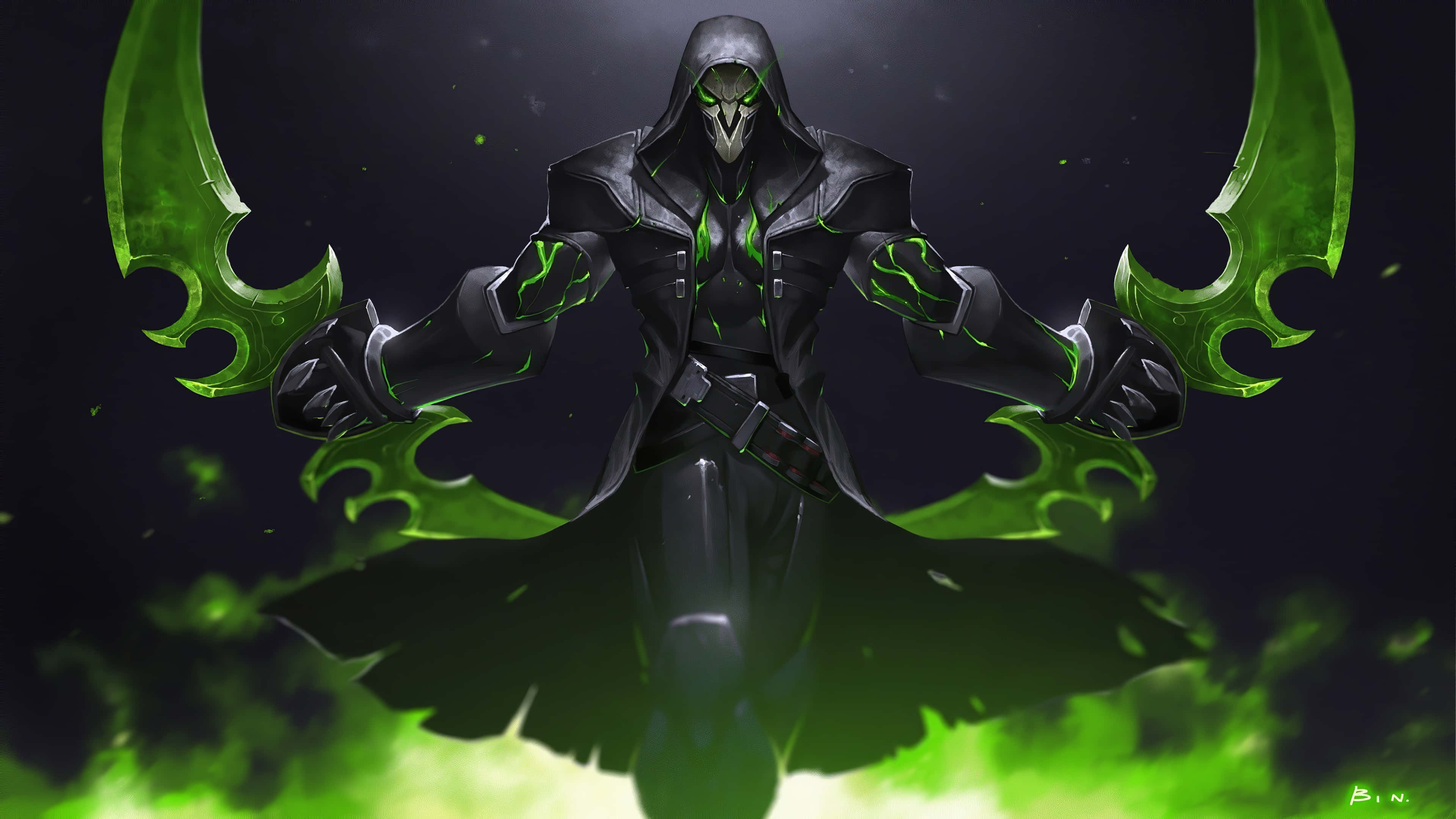 Genji, shuriken, glowing green eyes, 4K Desktop Wallpaper