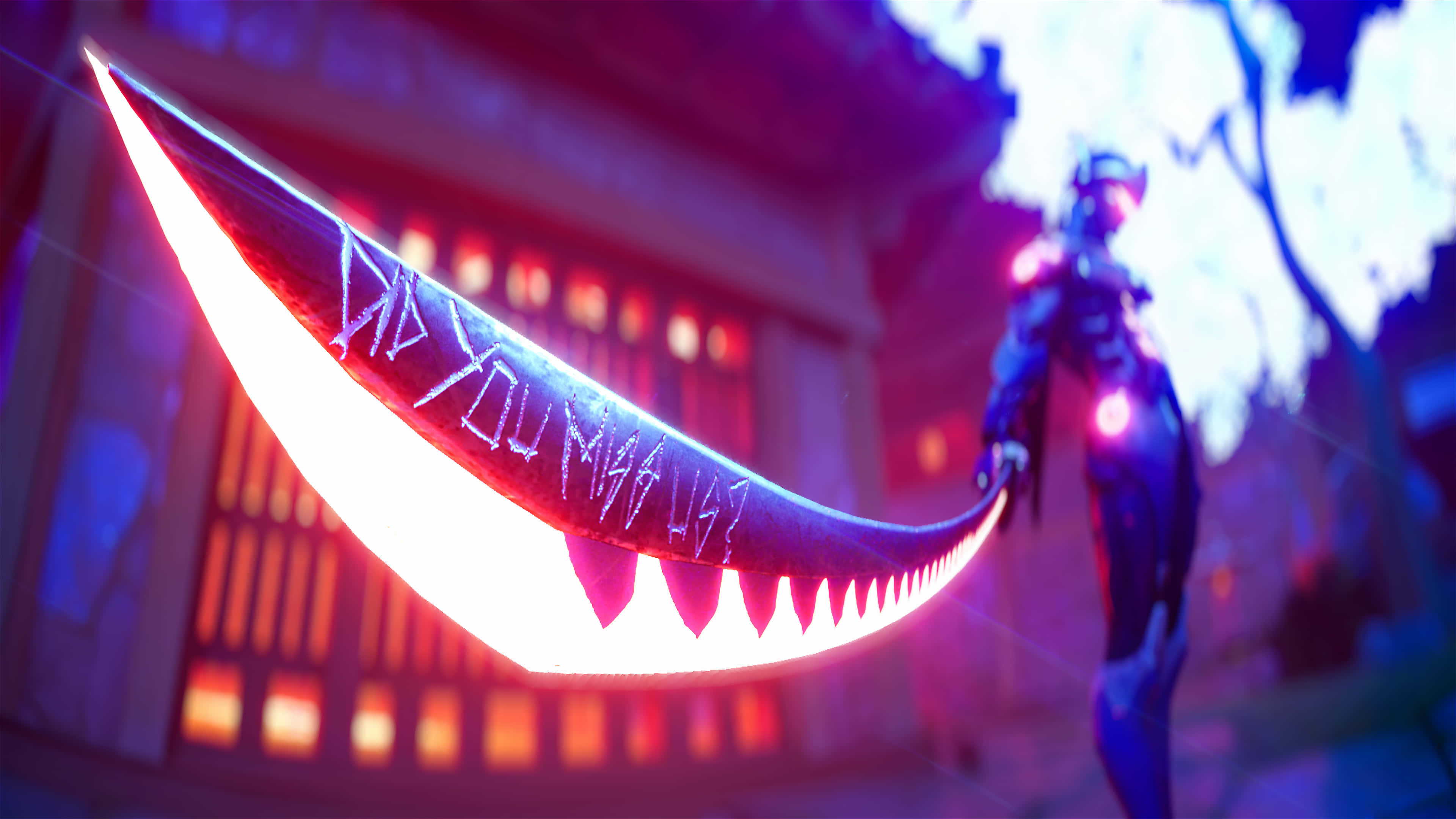 Genji 4K, glowing curved blade with teeth and text, futuristic warrior, 4K Desktop Wallpaper