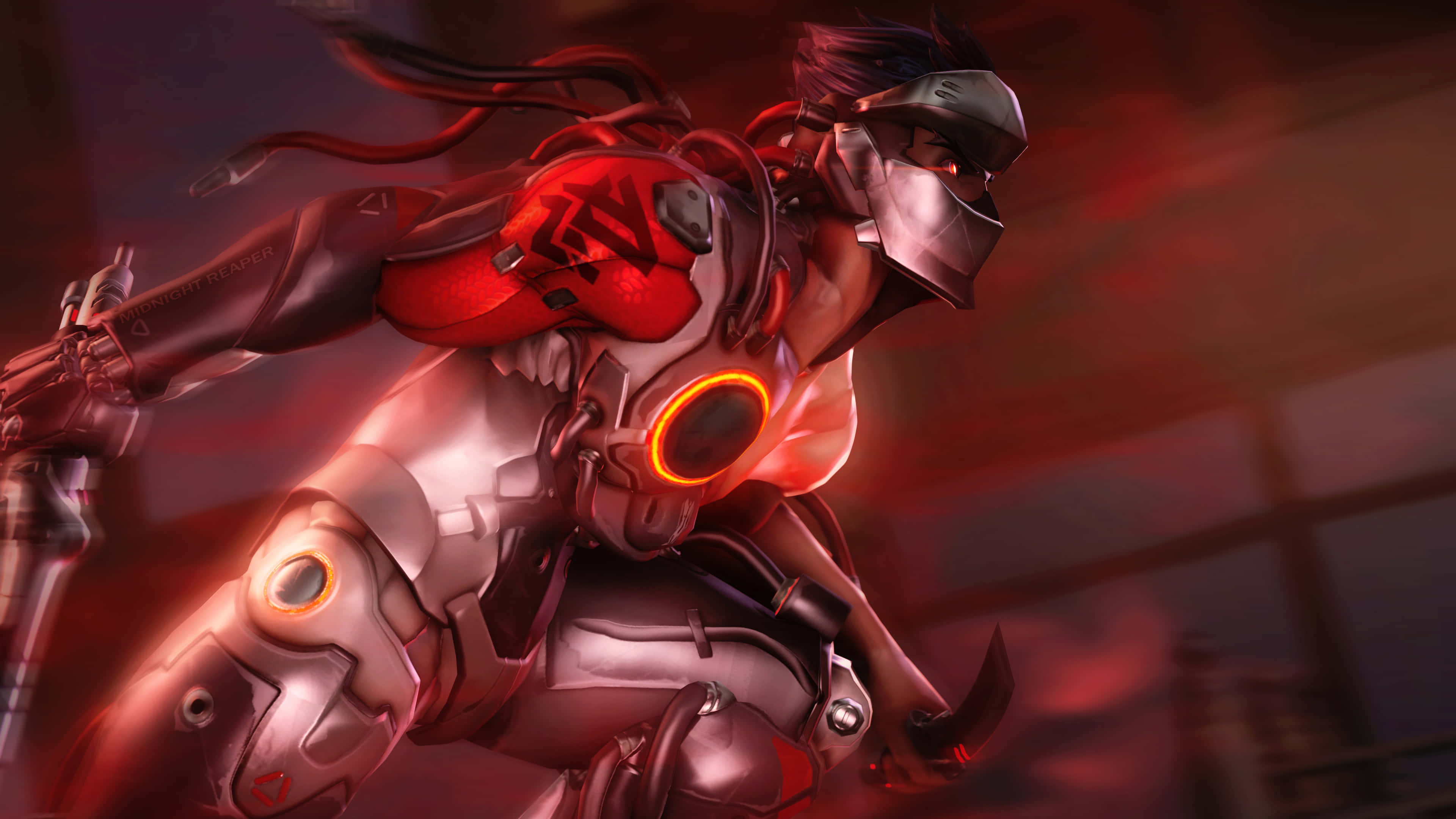 Genji 4K, red and silver armor, glowing orange accents, 4K Desktop Wallpaper