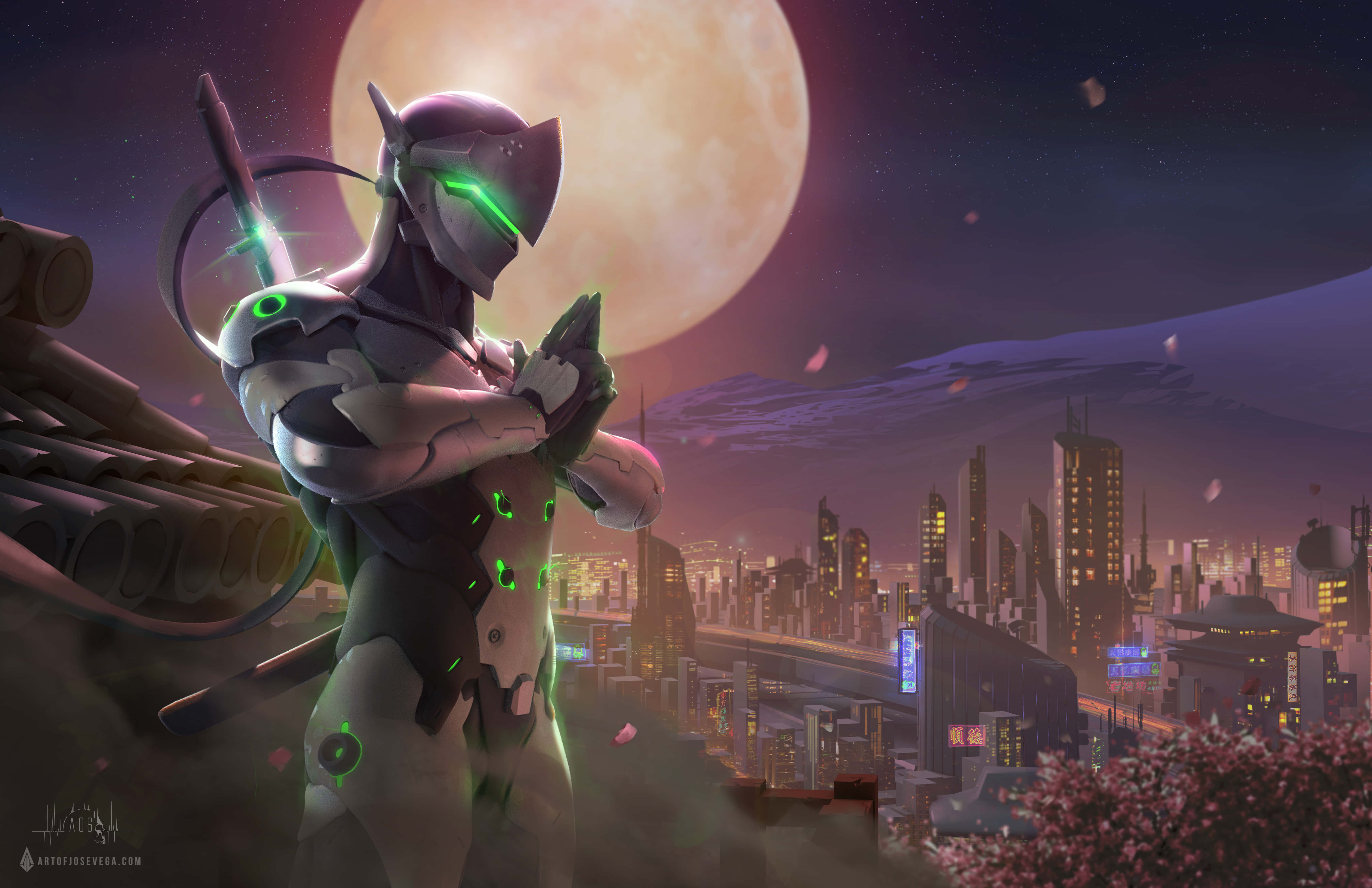 Genji, 4K, neon-lit cyberpunk city, 5K Desktop Wallpaper