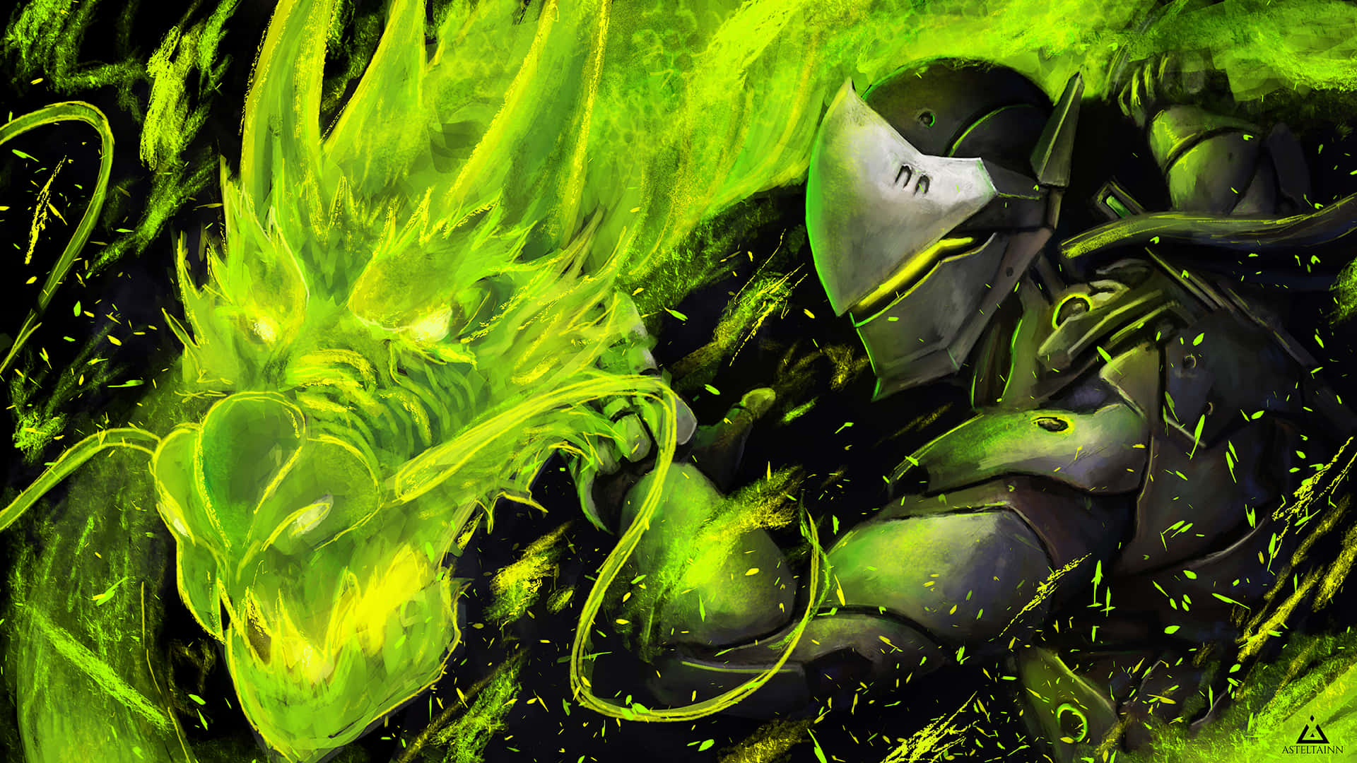 Genji, dark armor, glowing green dragon, Full HD Desktop Wallpaper