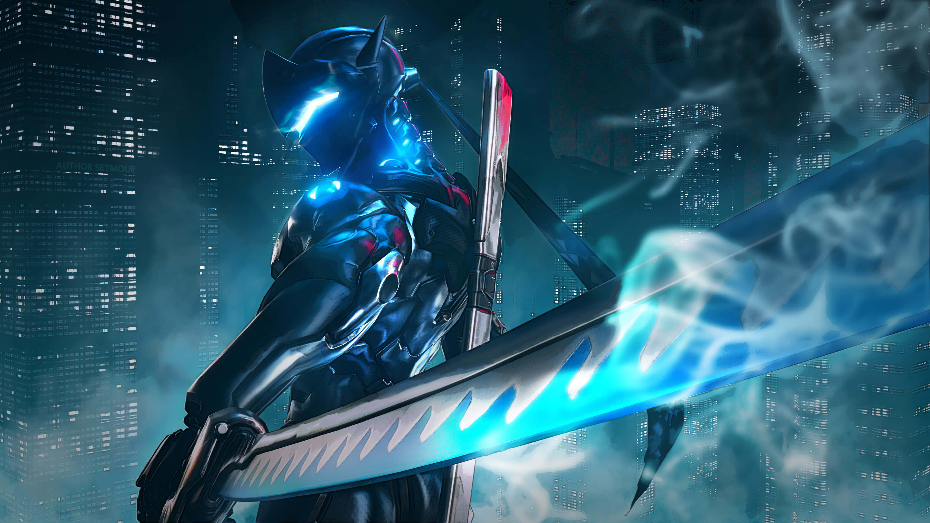 Genji, glowing blue eyes, sword, 2K Desktop Wallpaper