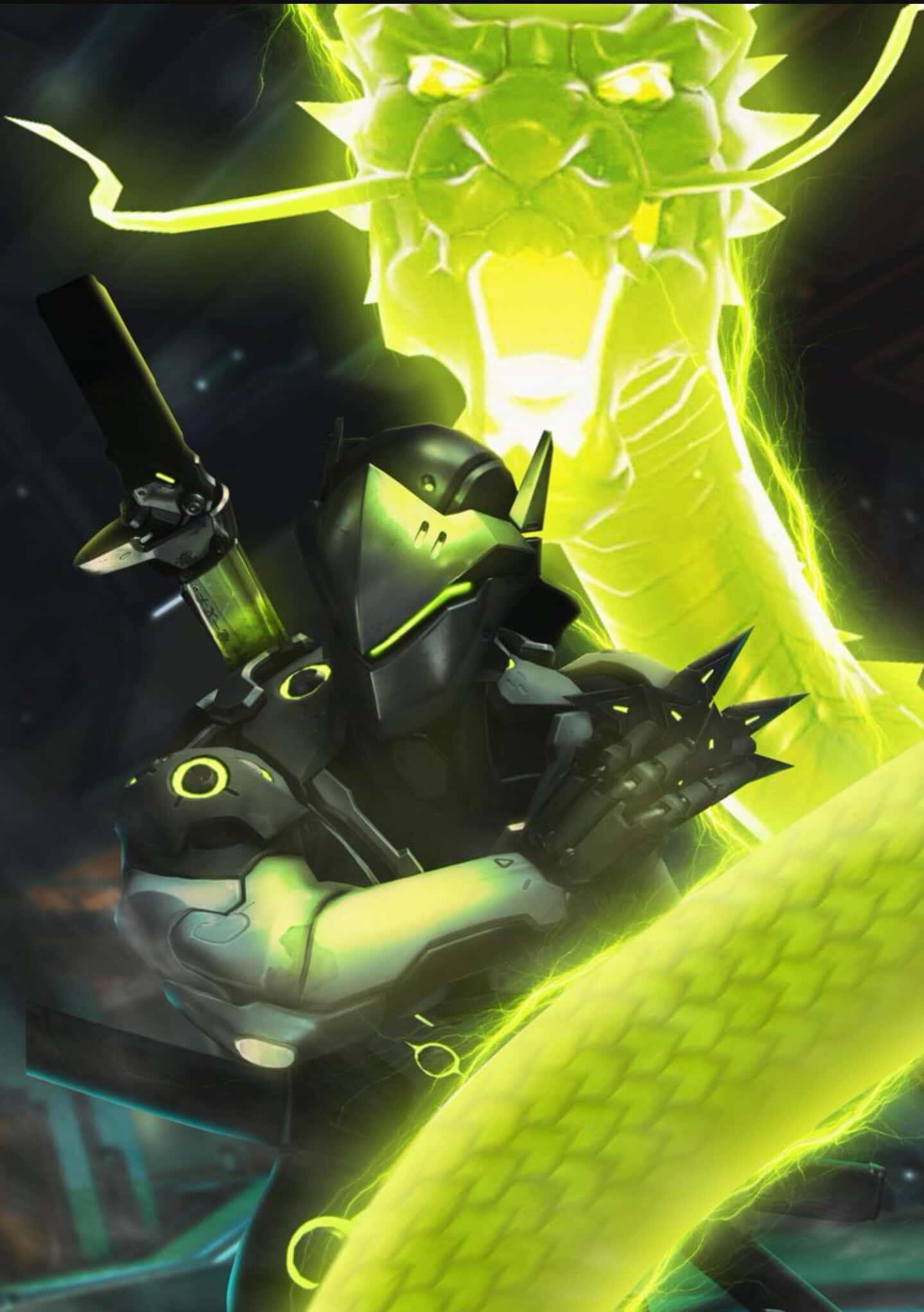 Genji 4K, neon green dragon, glowing sword, Full HD Phone Wallpaper