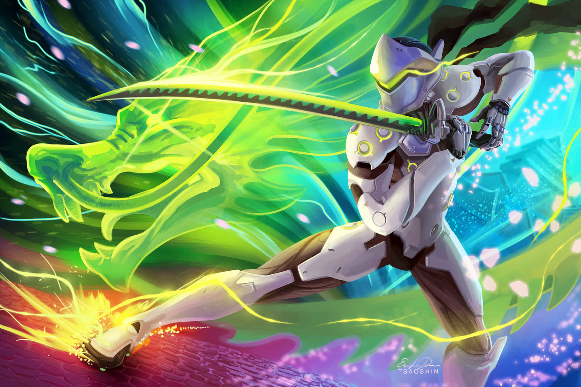 Genji, white armor, glowing green sword, Full HD Desktop Wallpaper