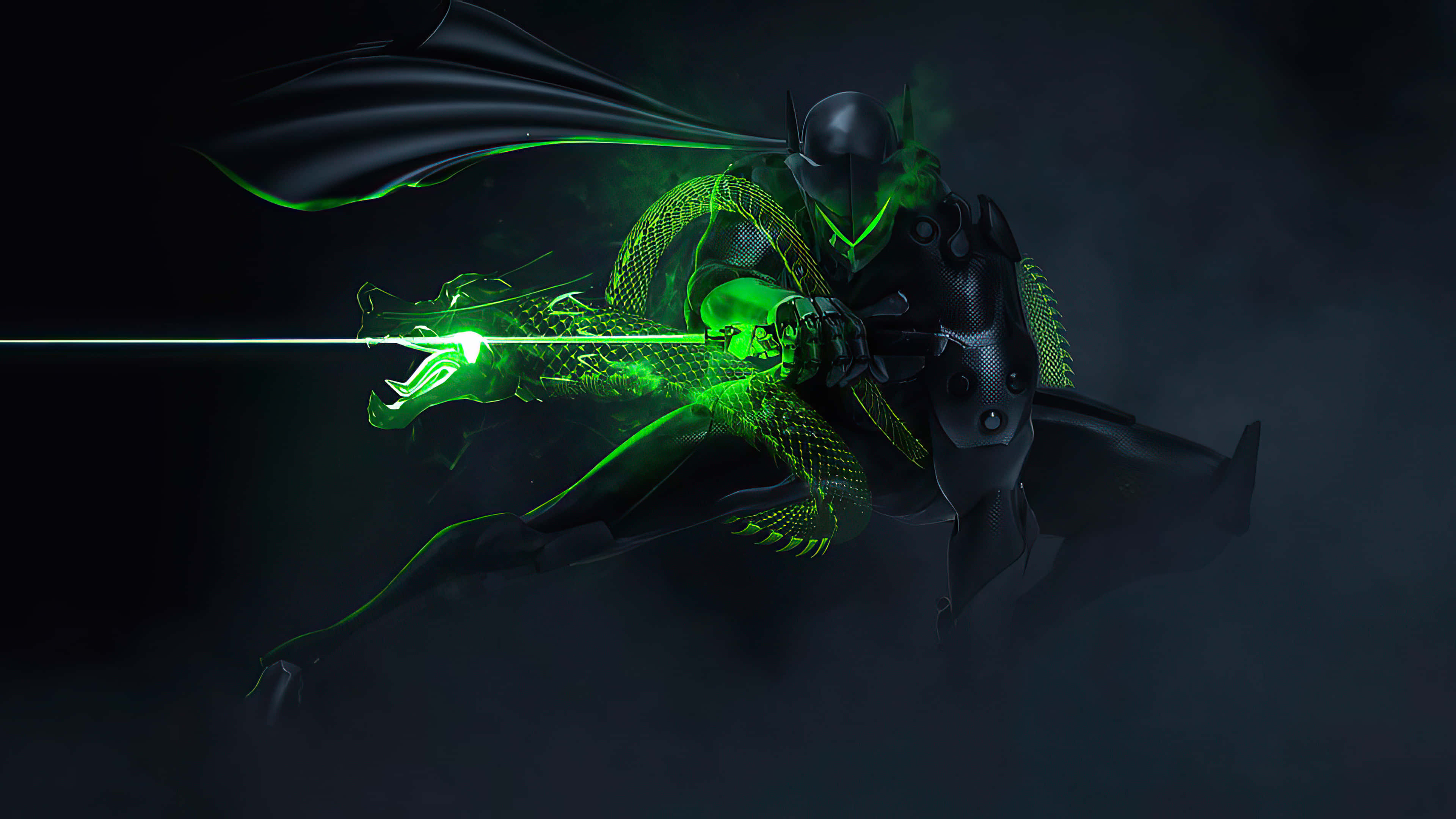 Genji 4K, black armor, glowing green dragon, 4K Desktop Wallpaper