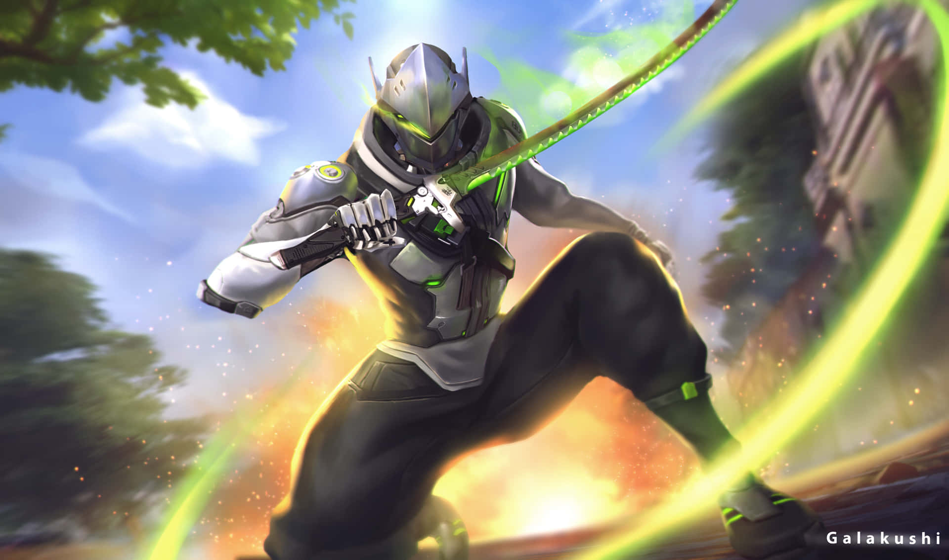 Genji 4K, green suit, sword, Full HD Desktop Wallpaper