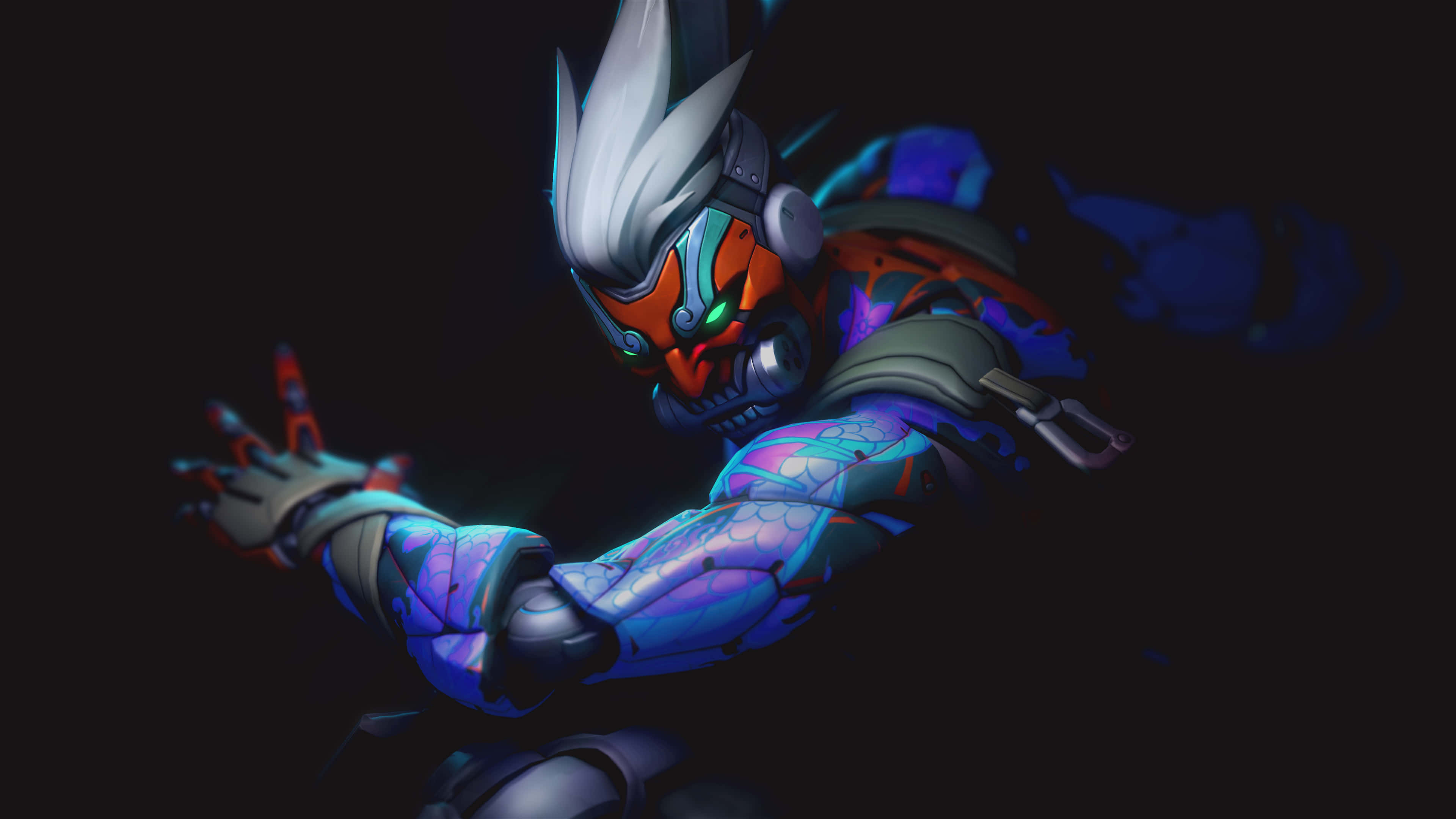 Genji 4K, glowing green eyes, vibrant blue armor, 4K Desktop Wallpaper