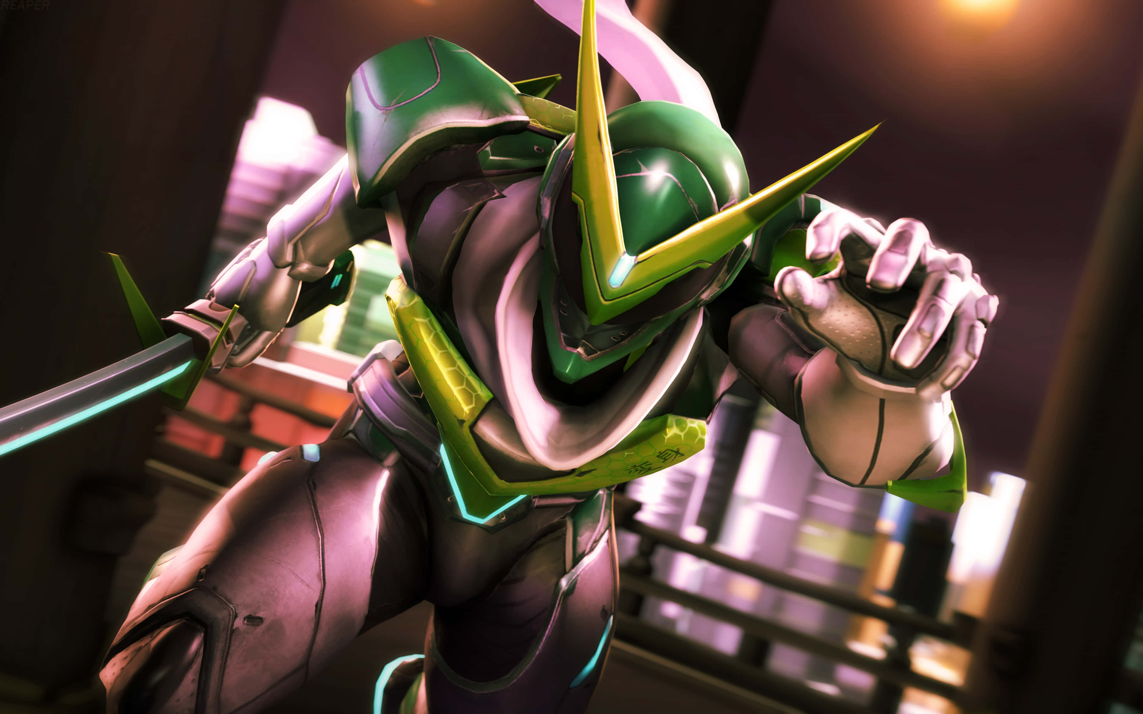 Genji 4K, night sky, futuristic city, 4K Desktop Wallpaper