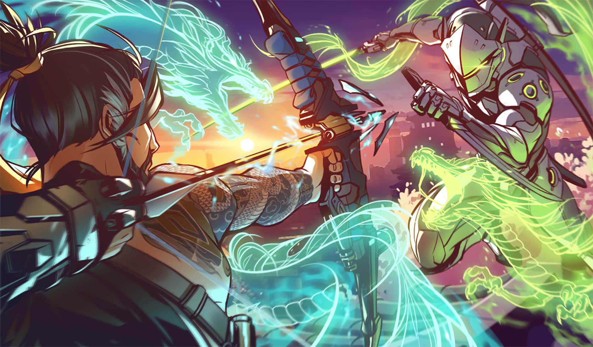 Genji 4K, anime-style, glowing energy weapons, Full HD Desktop Wallpaper