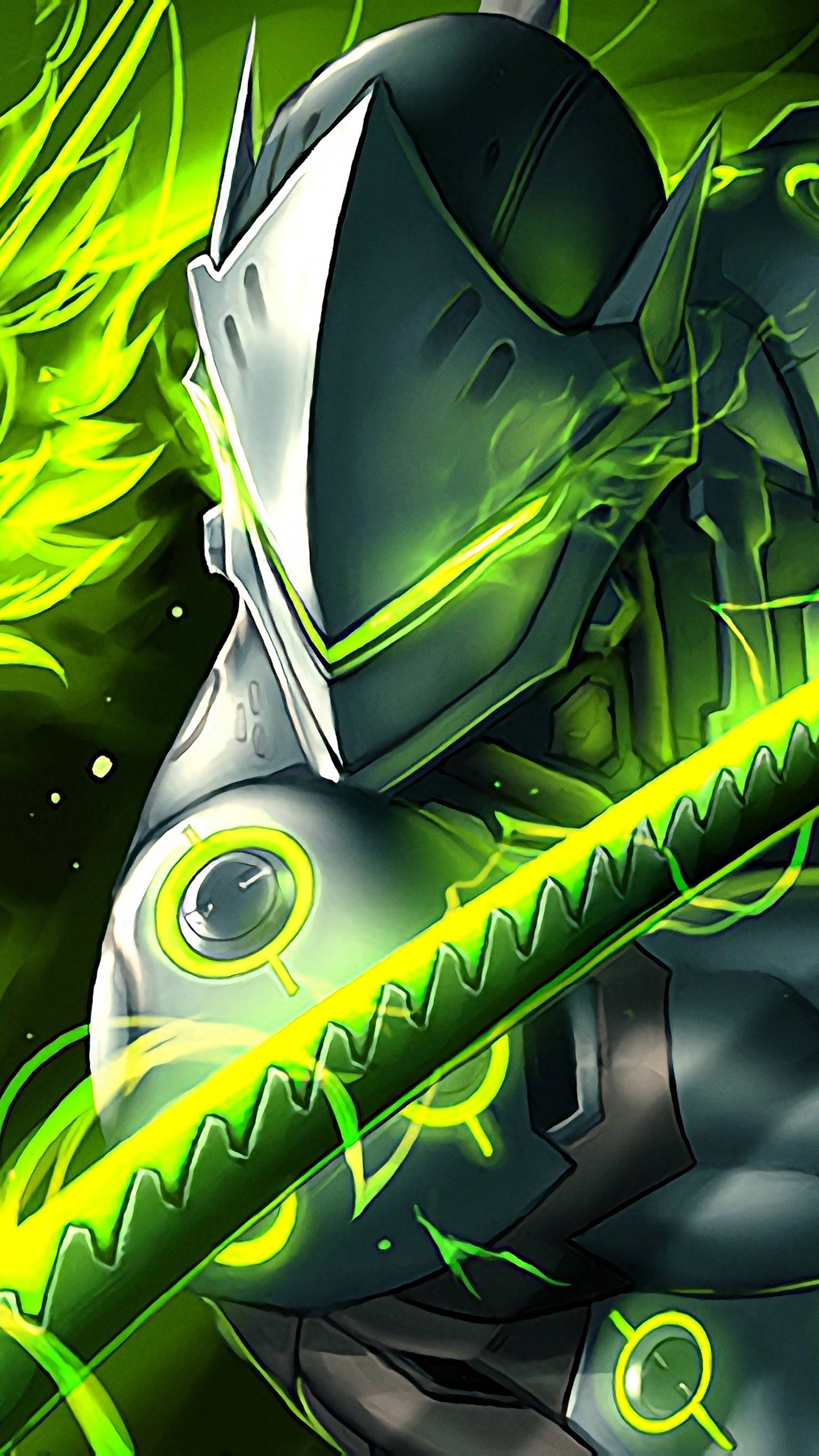 Neon Green Genji iPhone, Genji, sleek silver armor, 4K Phone Wallpaper