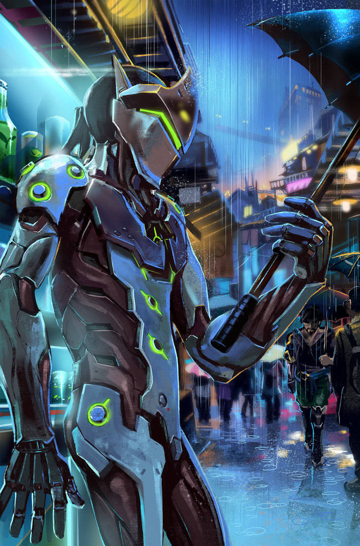 Genji, iPhone, glowing green armor, SD Phone Wallpaper