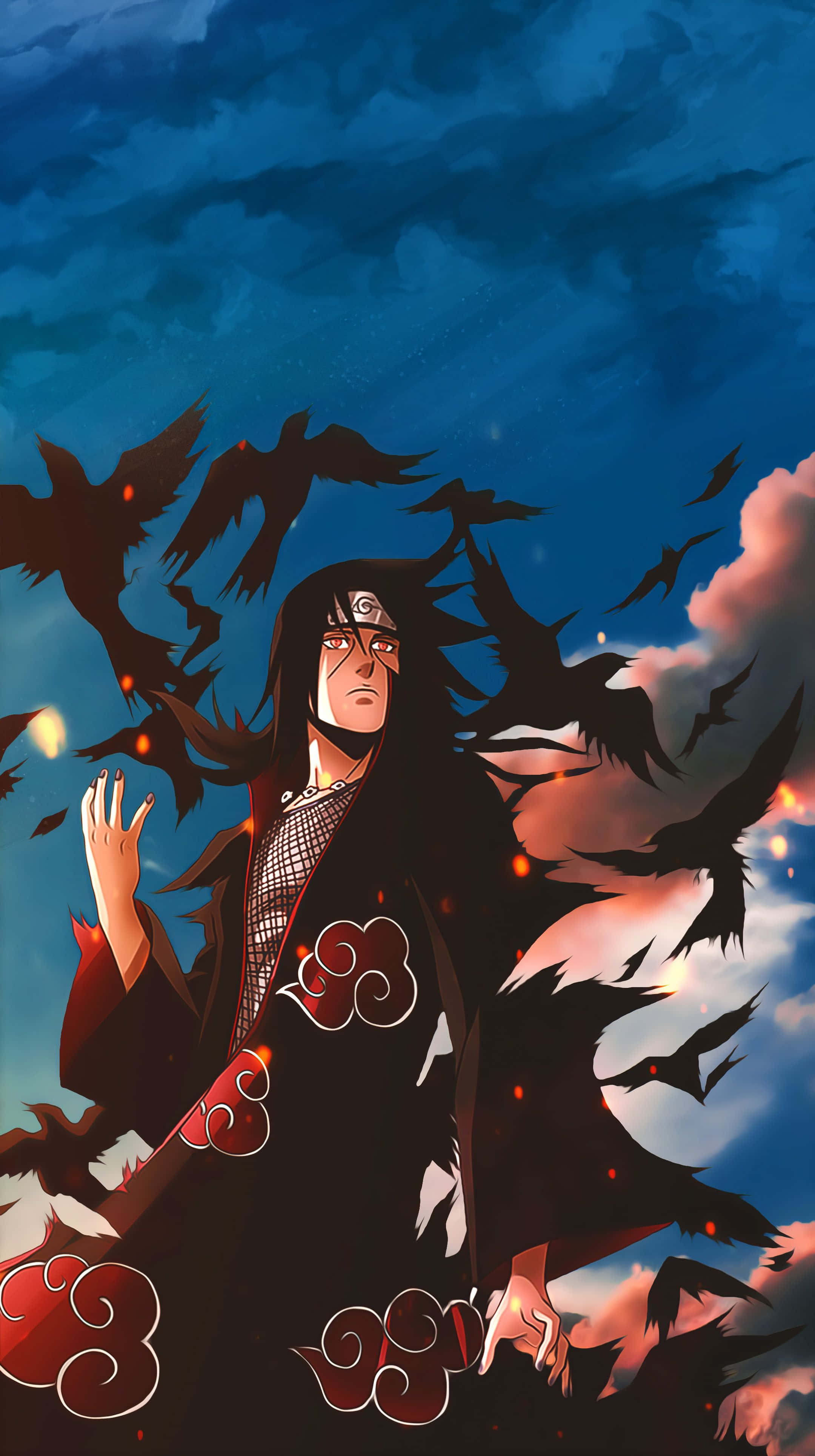 Genjutsu, black cloak with red clouds, swirling black birds, 4K Phone Wallpaper