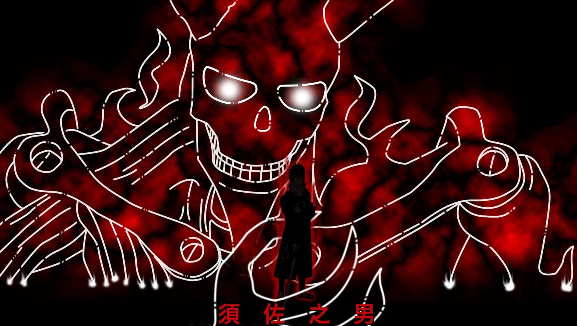Genjutsu, white line-art skeleton, fiery red background, Full HD Desktop Wallpaper