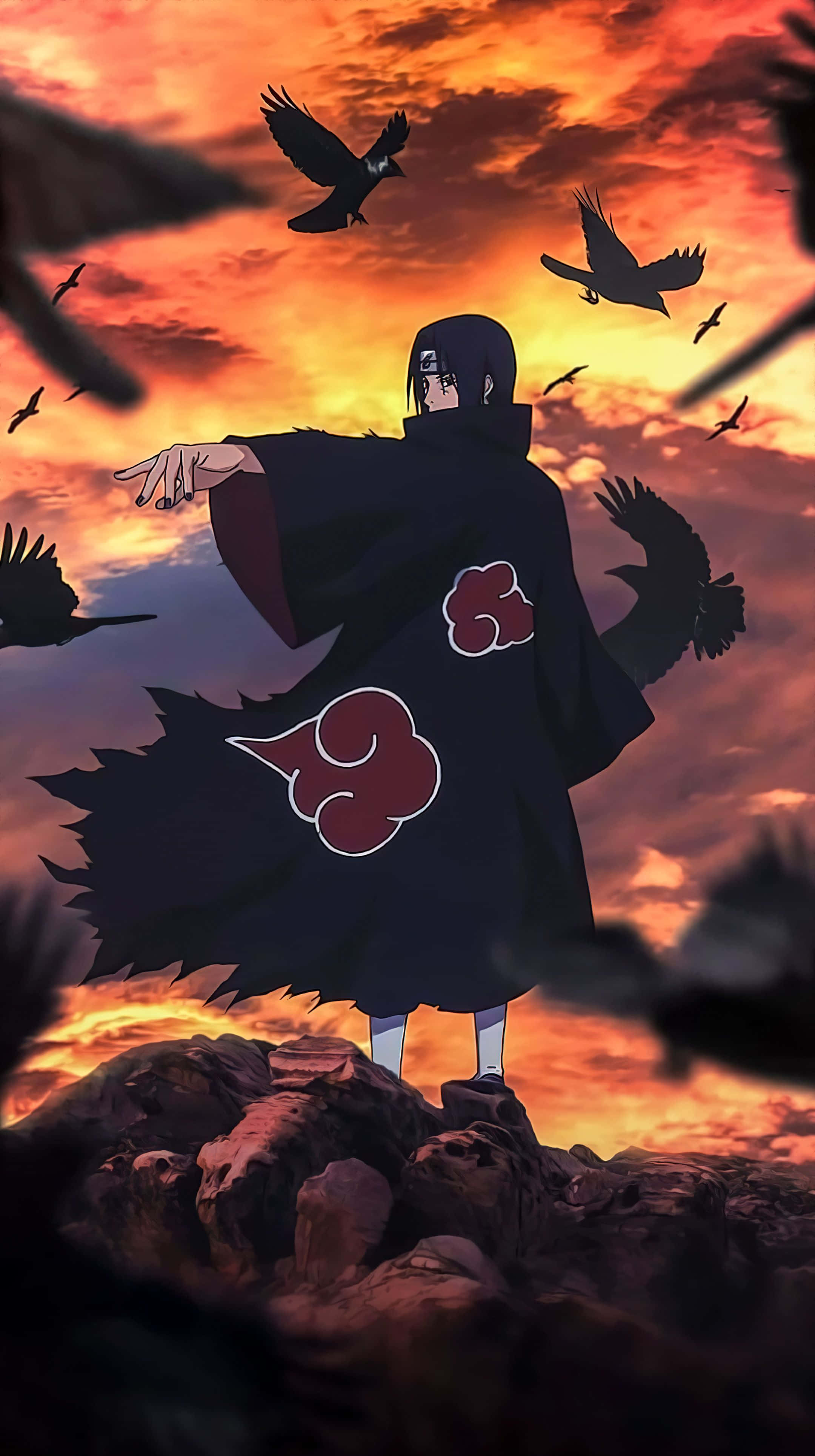 Genjutsu, black cloak with red clouds, rocky cliff, 4K Phone Wallpaper