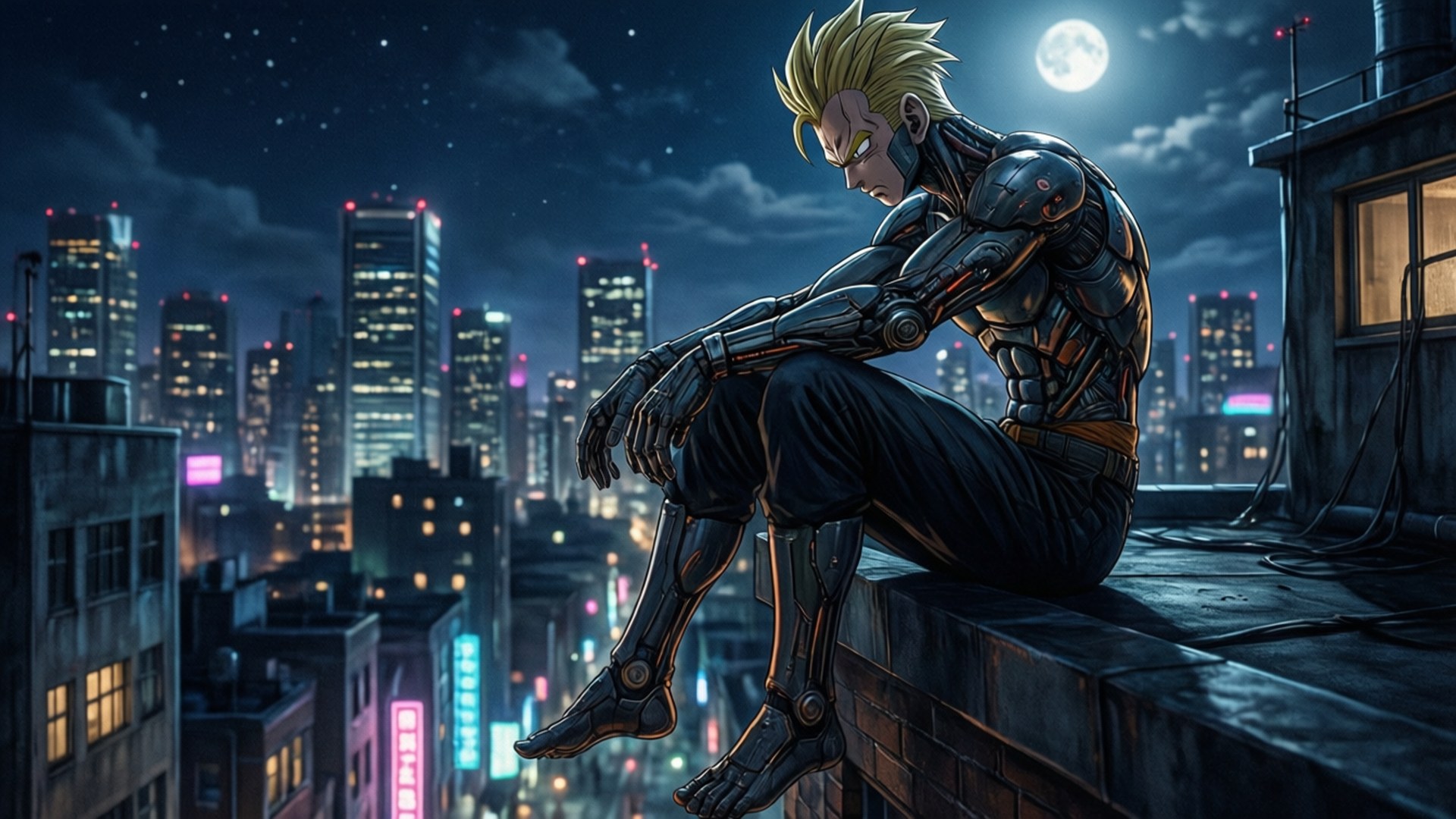 Genos, rooftop, neon city, Full HD Desktop Wallpaper