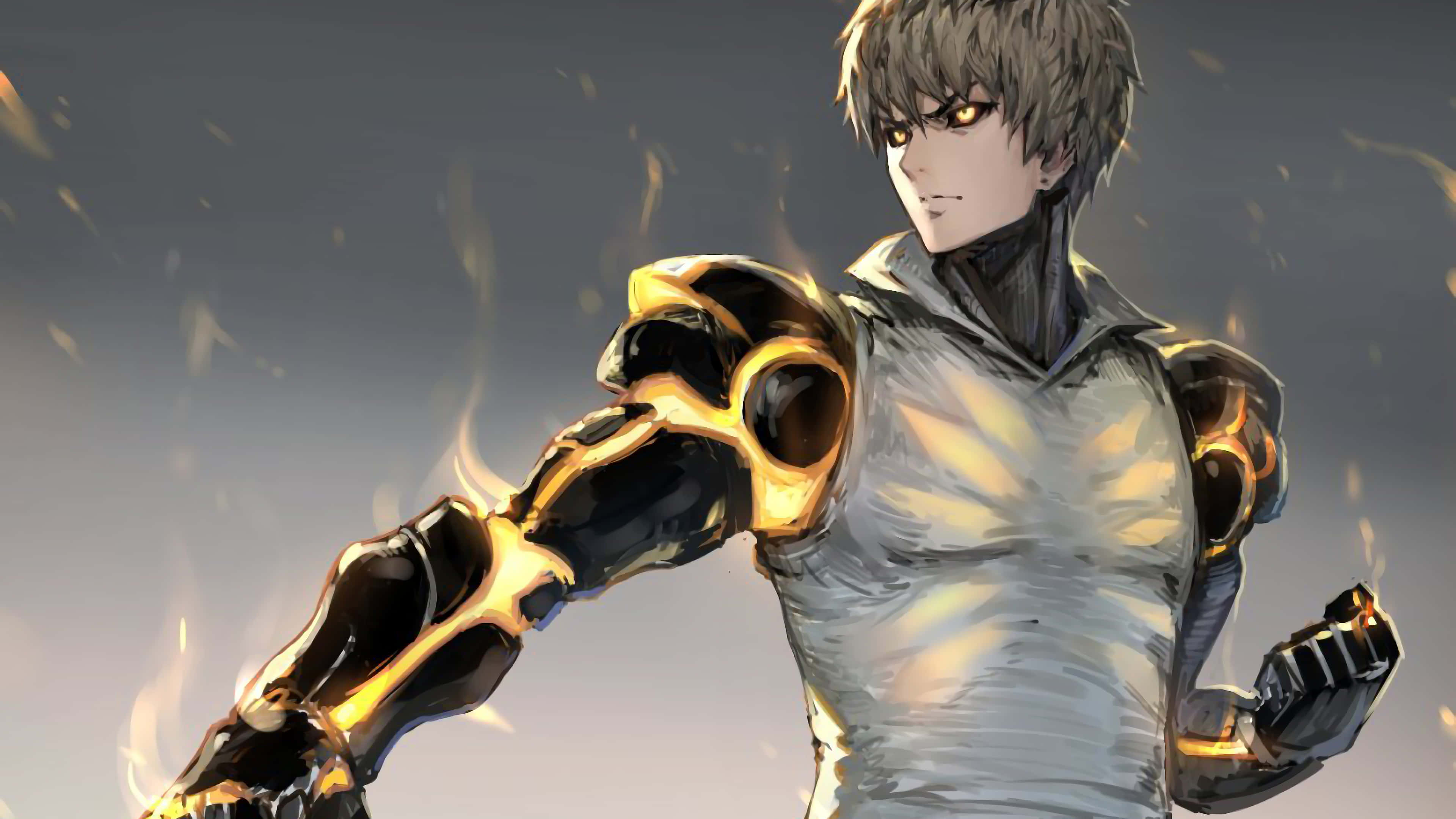 Genos, glowing golden fists, fiery energy, 4K Desktop Wallpaper