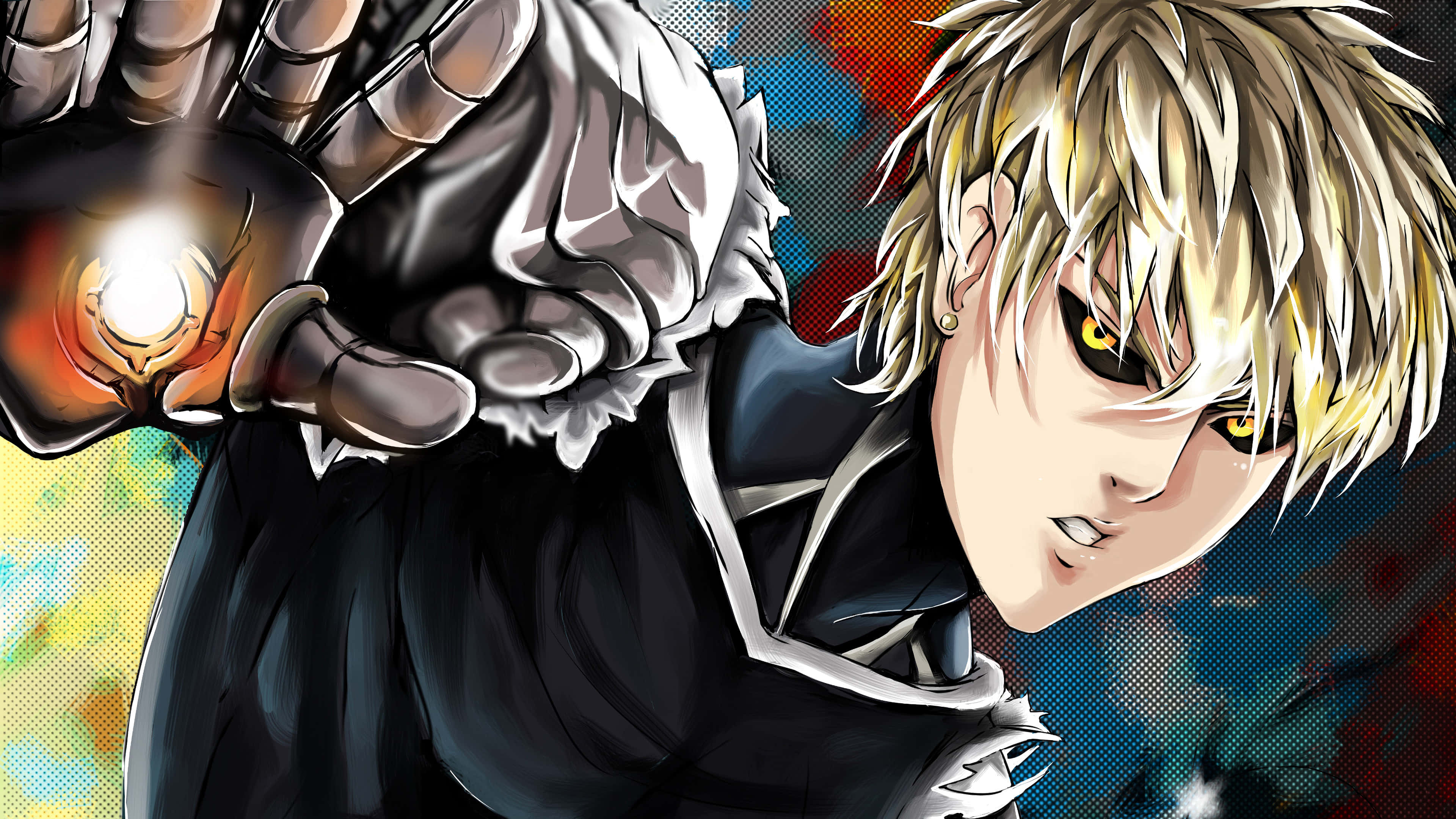 Genos, spiky blonde hair, glowing yellow eyes, 4K Desktop Wallpaper