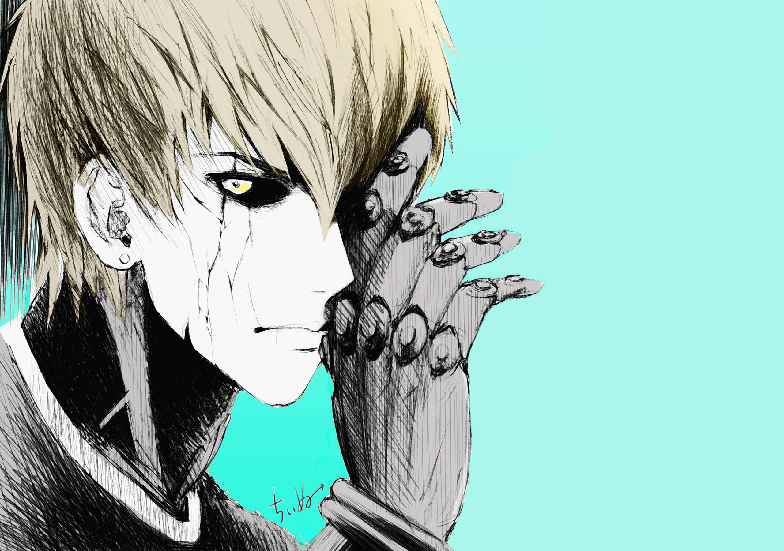 Genos, teal background, mechanical hand, 2K Desktop Wallpaper