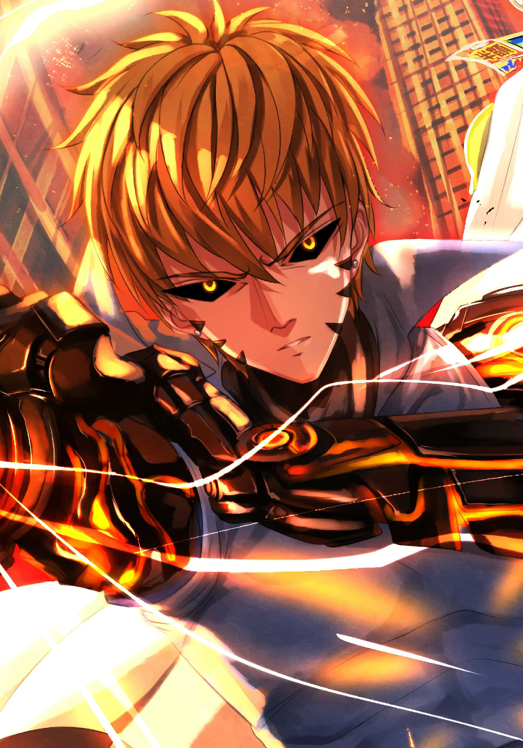 Genos, fiery orange hair, glowing eyes, Full HD Phone Wallpaper