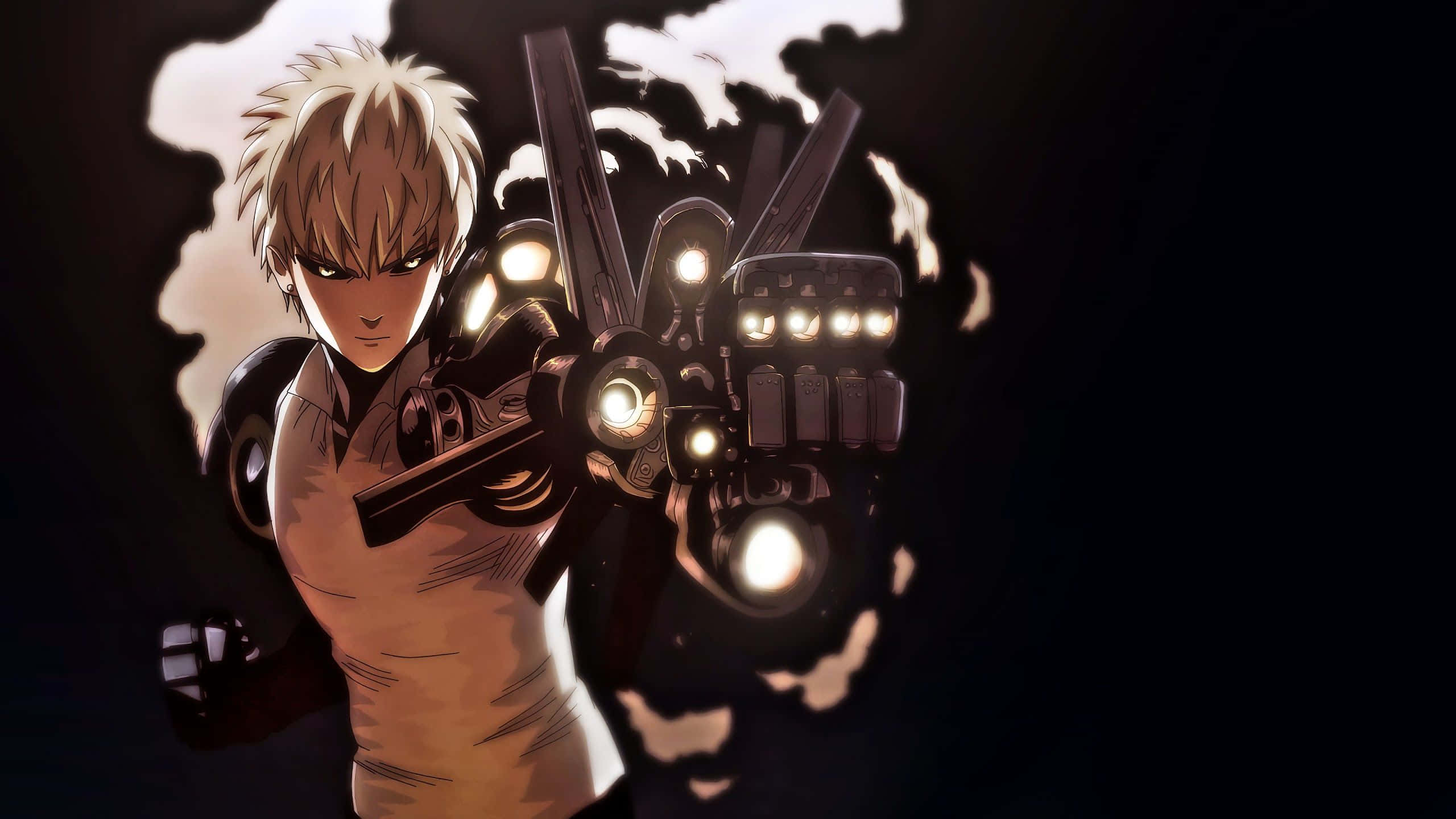 Genos, spiky blonde hair, glowing mechanical gauntlet, 2K Desktop Wallpaper