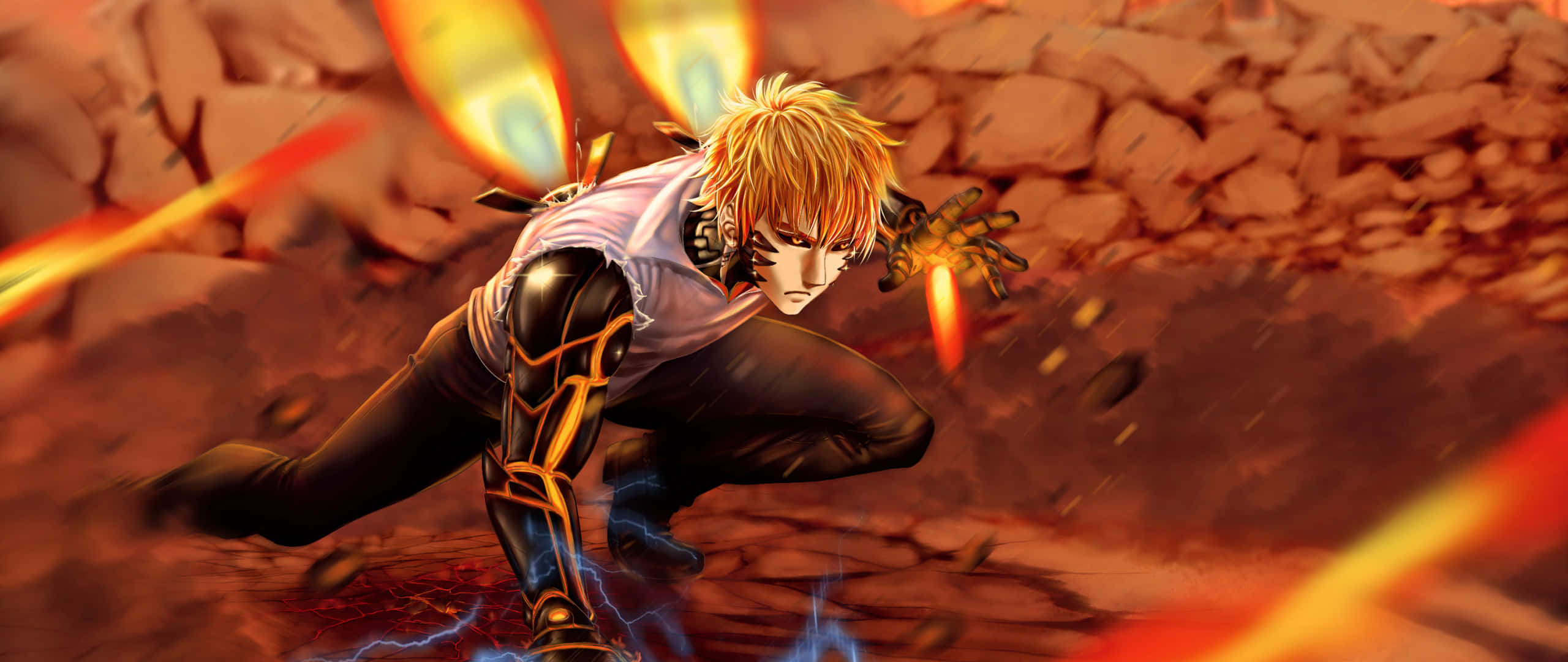 Genos, fiery-haired anime warrior, black and gold armor, 2K Desktop Wallpaper