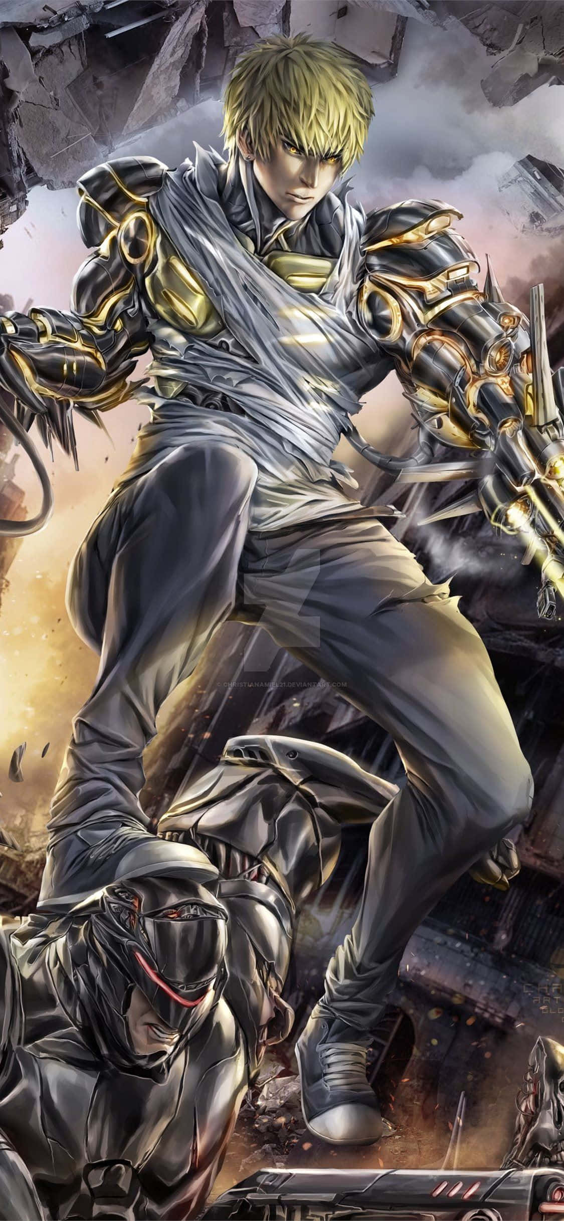 Genos, blond anime warrior, gold and black armor, Full HD Phone Wallpaper