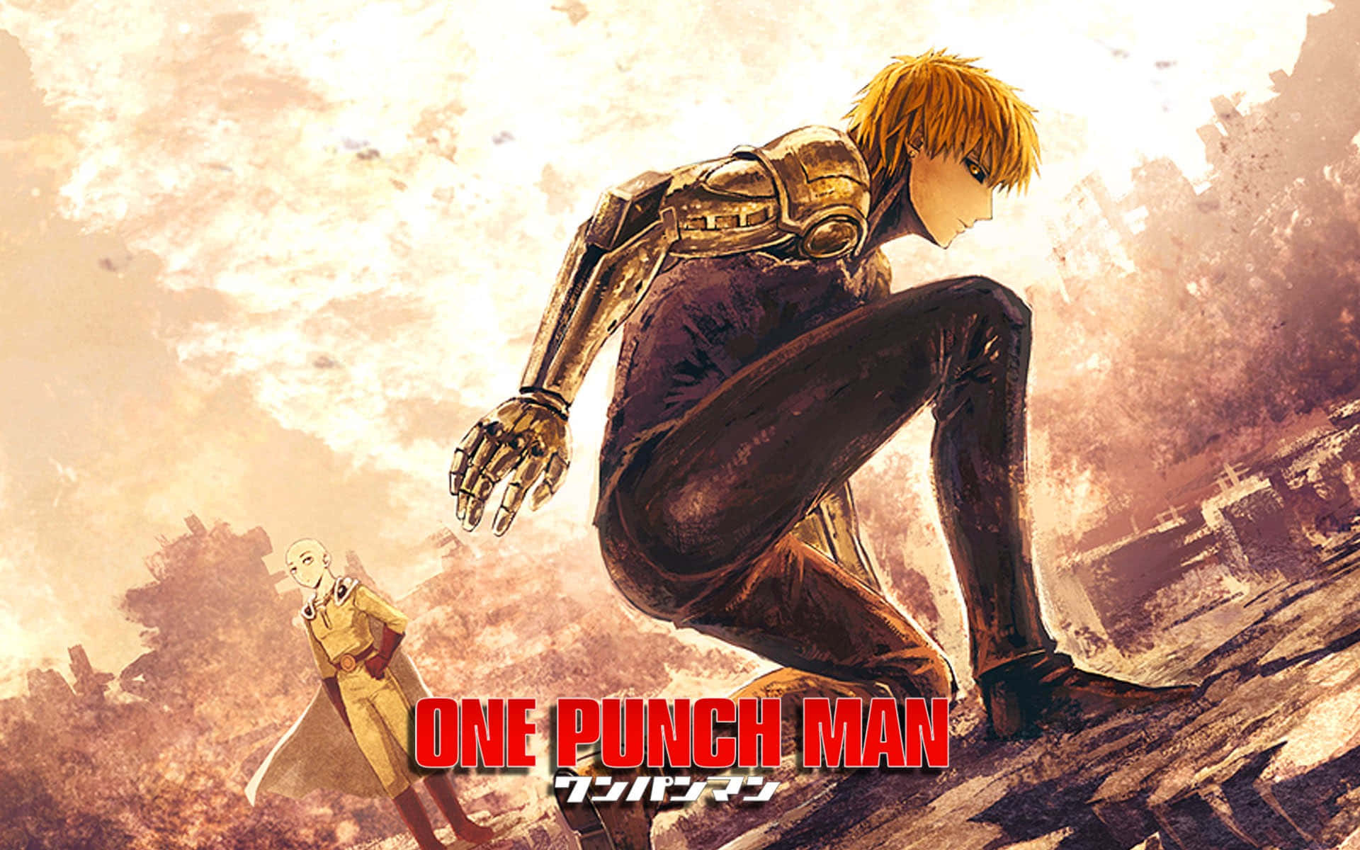 Genos, golden armor, crouches atop rubble, Full HD Desktop Wallpaper