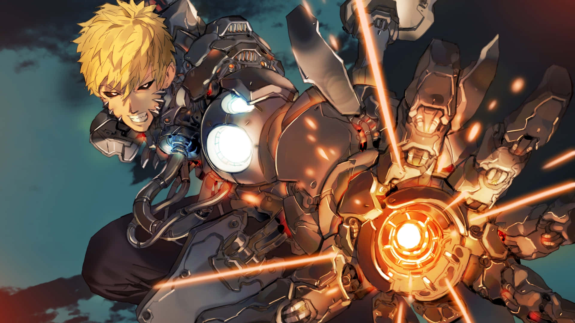 Genos, blonde anime warrior, glowing mechanized suit, Full HD Desktop Wallpaper