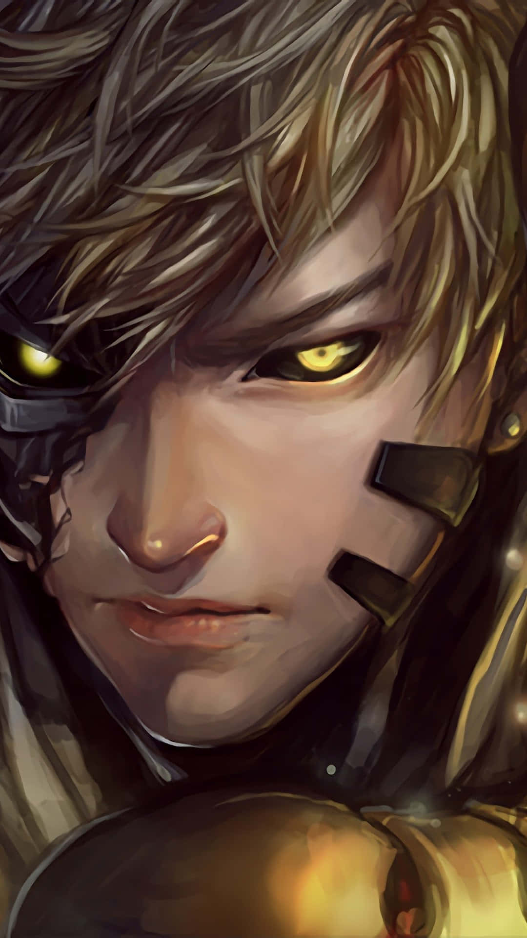 Genos, cybernetic face armor, glowing yellow eyes, Full HD Phone Wallpaper