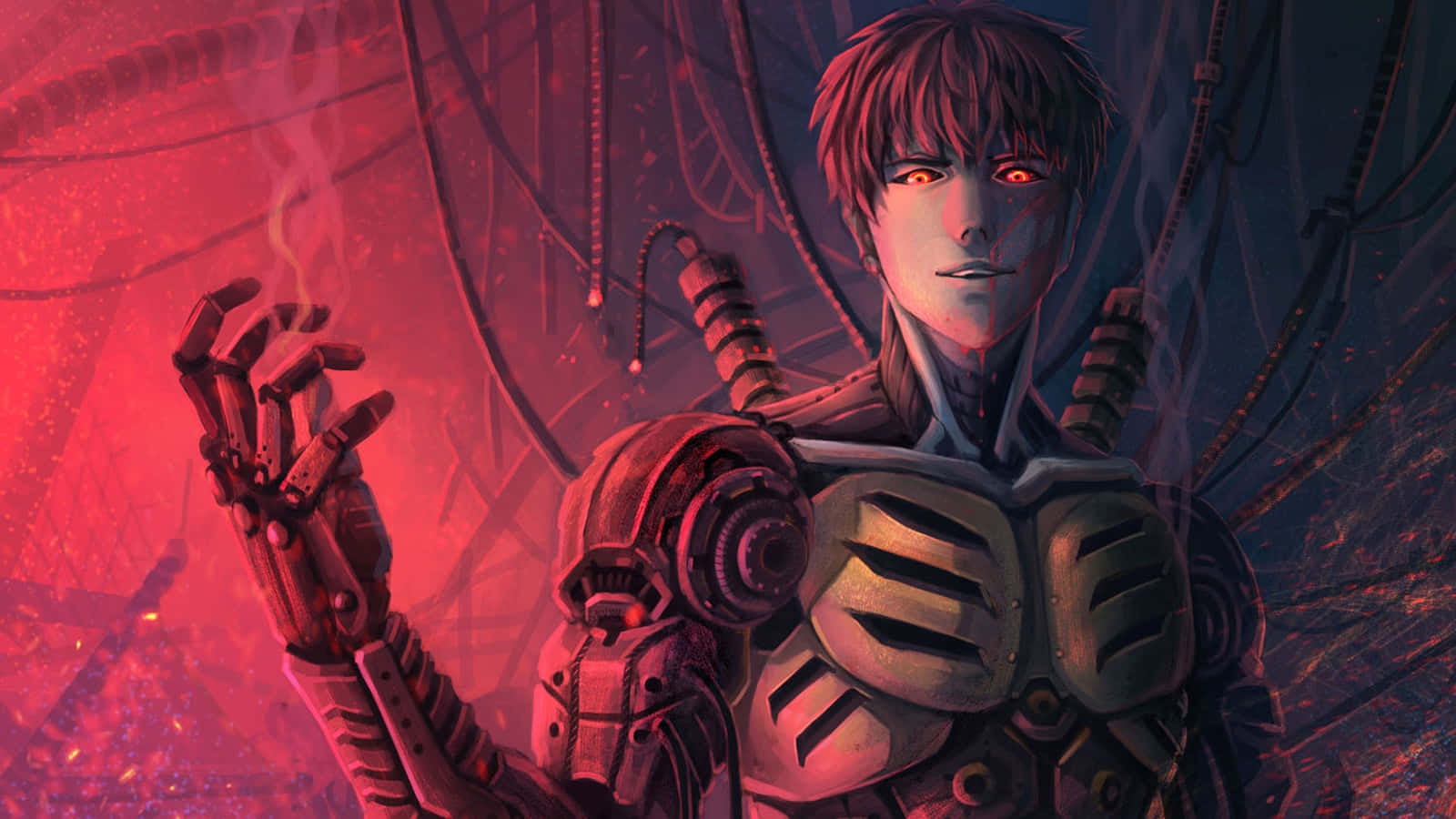 Genos, glowing red eyes, mechanical arms, HD Desktop Wallpaper