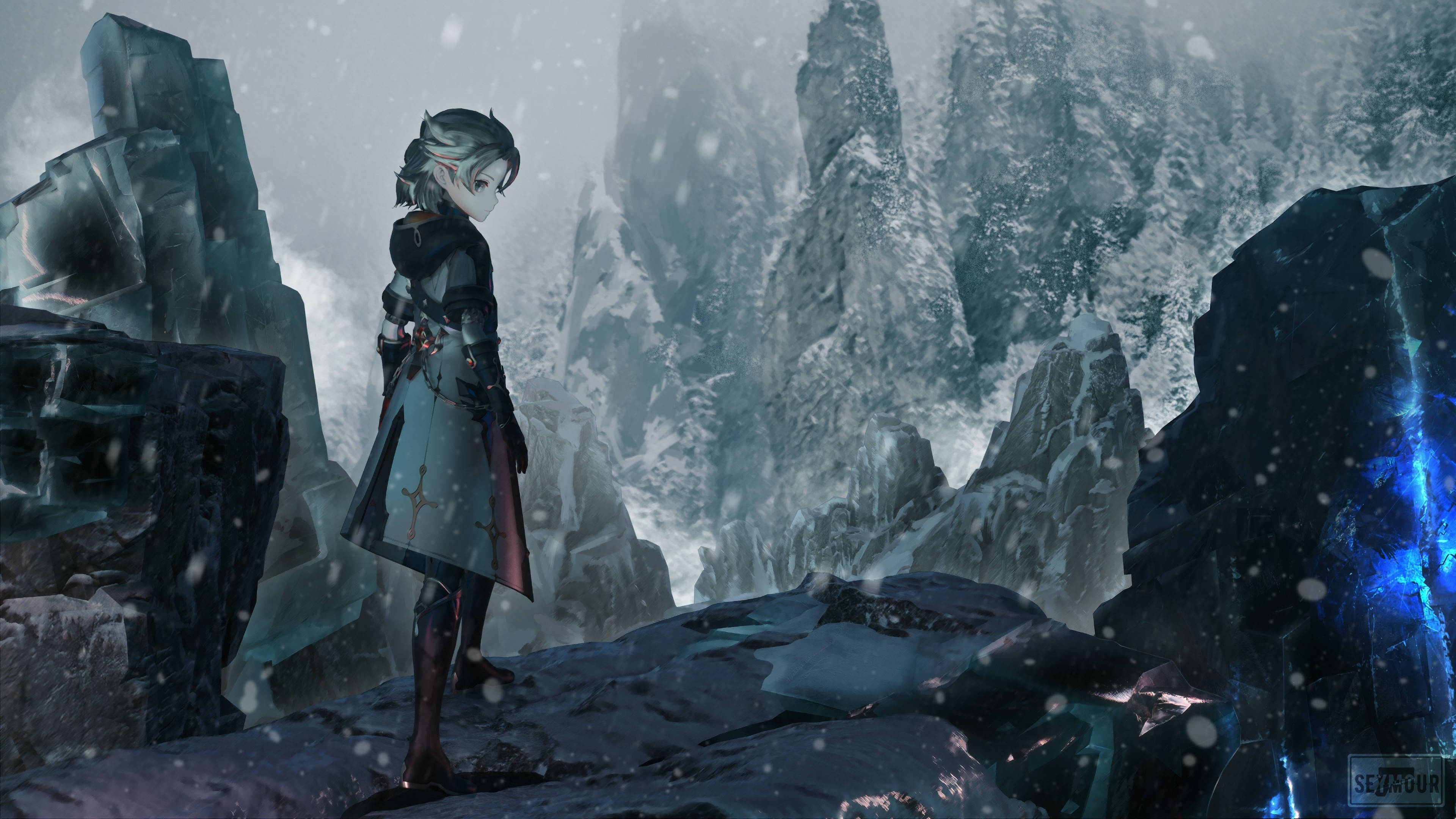 Genshin Impact, armored figure, snow-blown icy canyon, 4K Desktop Wallpaper