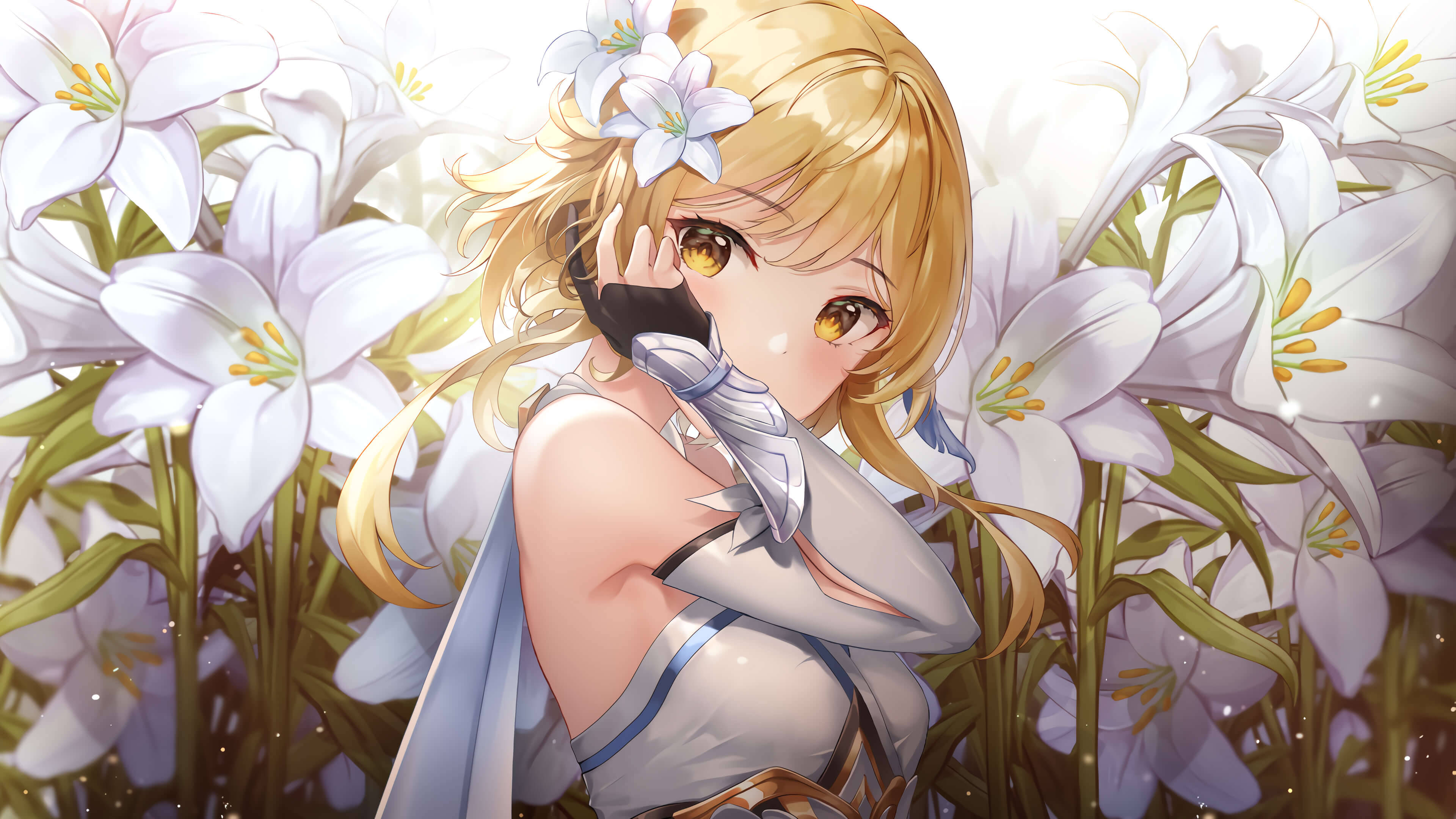 Genshin Impact, blonde anime girl, golden eyes, 4K Desktop Wallpaper