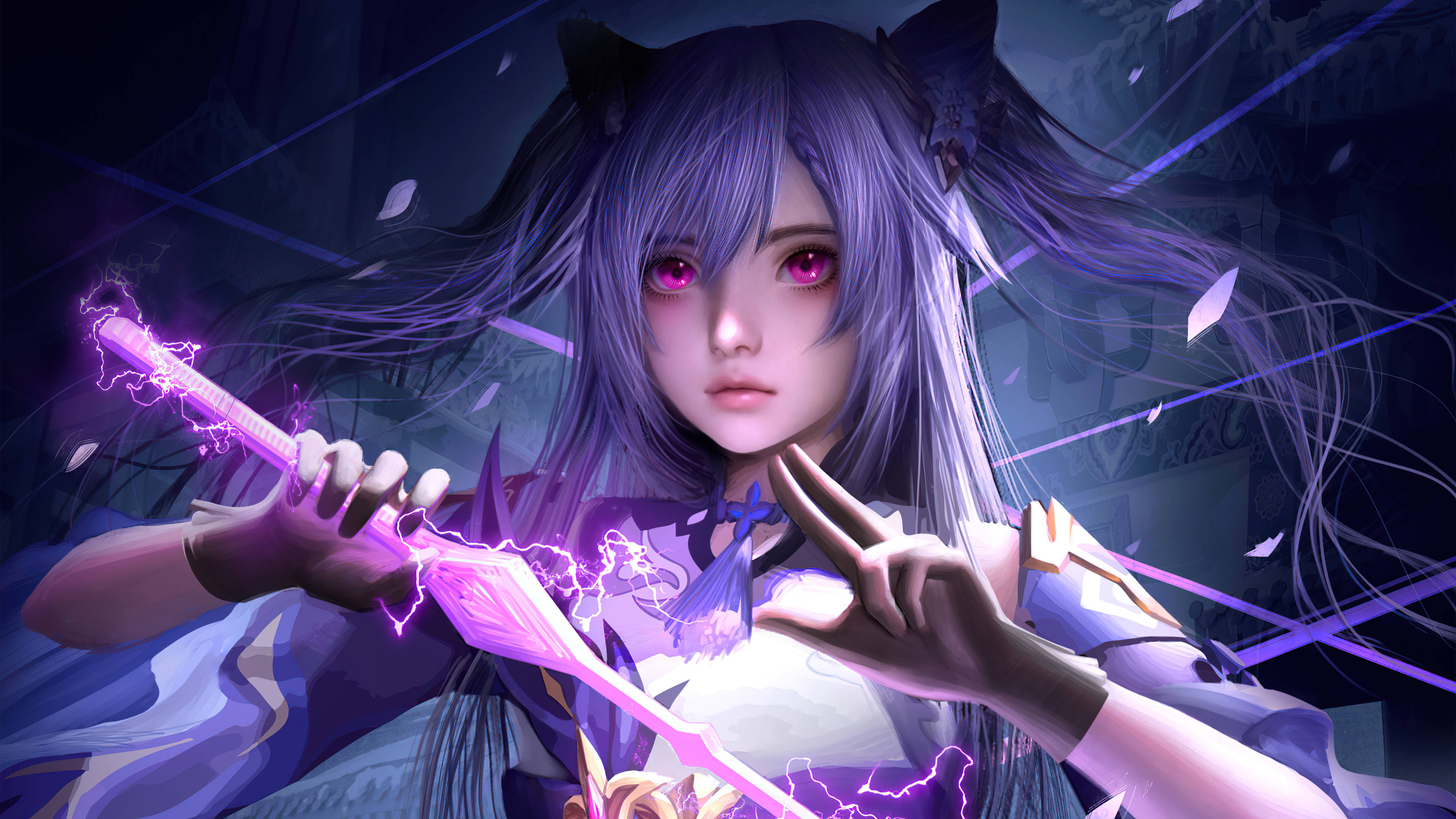 Genshin Impact, purple-haired anime girl, cat ears, 4K Desktop Wallpaper