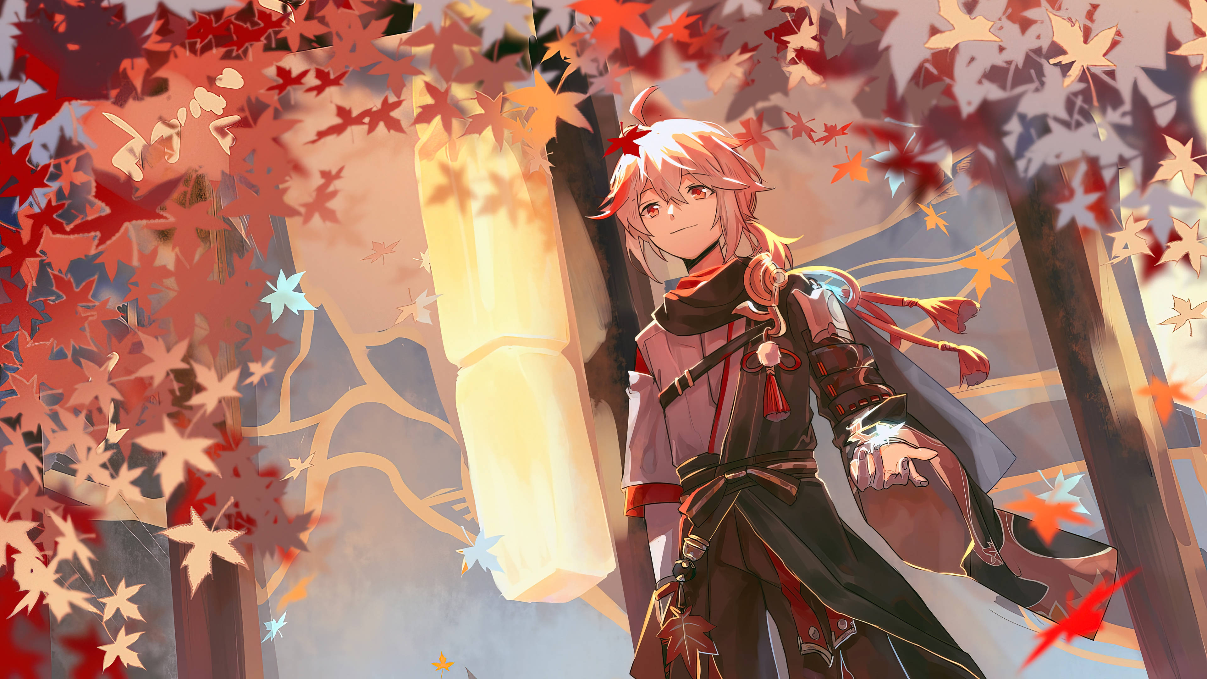 Genshin Impact, pink hair, red maple leaves, 4K Desktop Wallpaper