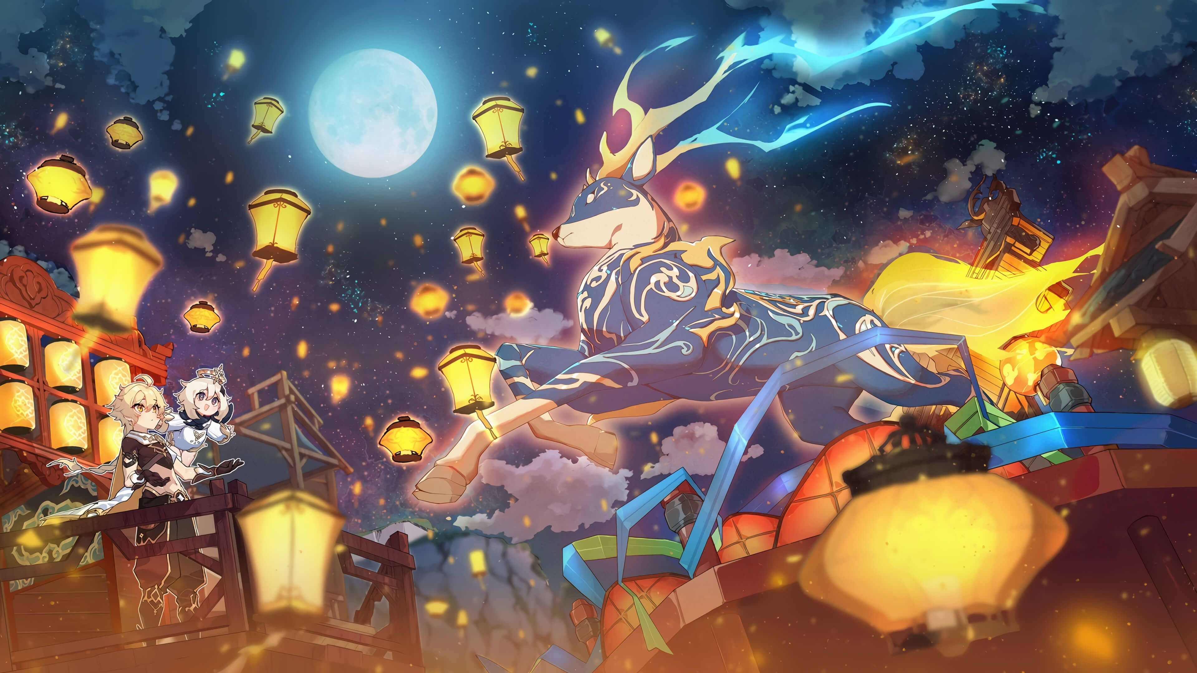 Genshin Impact, blue and gold mythical deer, starry night sky, 4K Desktop Wallpaper