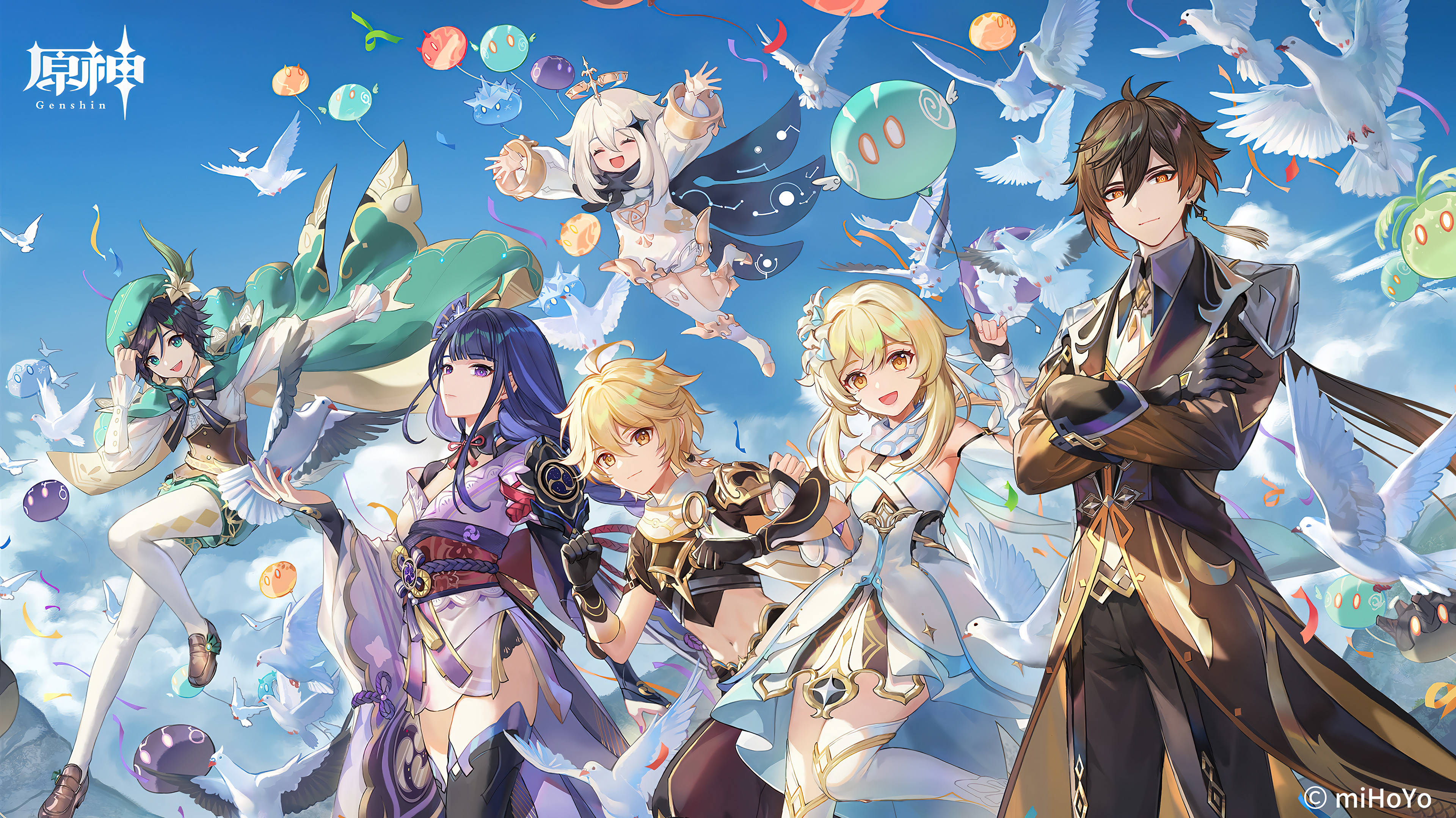Genshin Impact, anime group of five characters, white doves, 4K Desktop Wallpaper