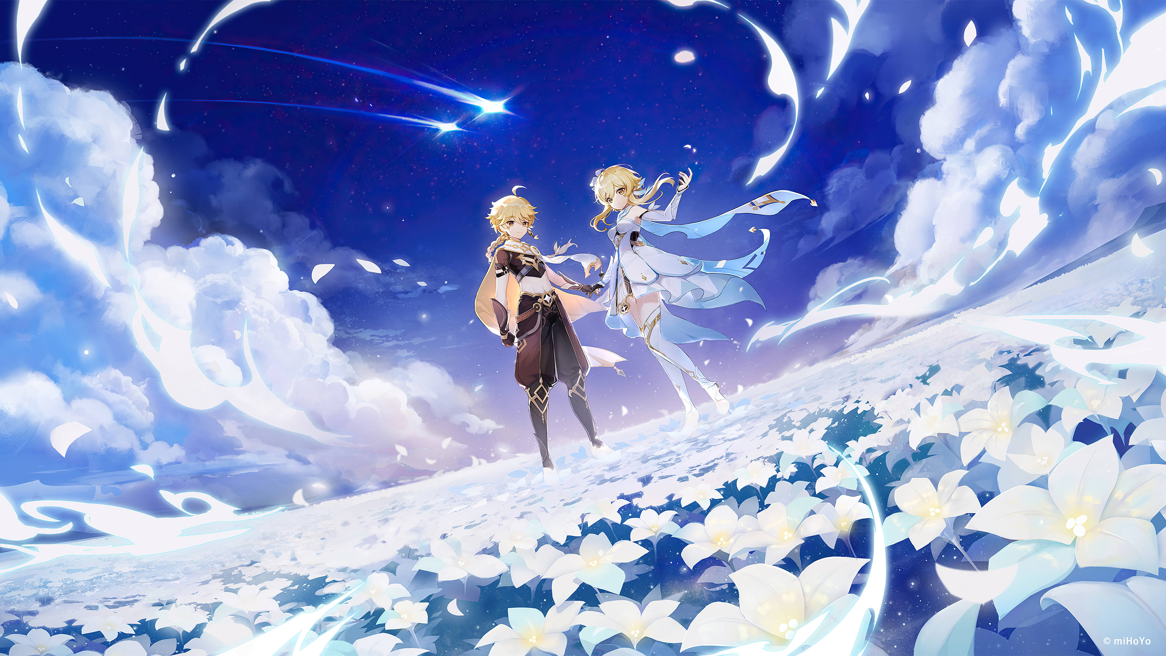 Genshin Impact, starry night sky, shooting stars, 4K Desktop Wallpaper