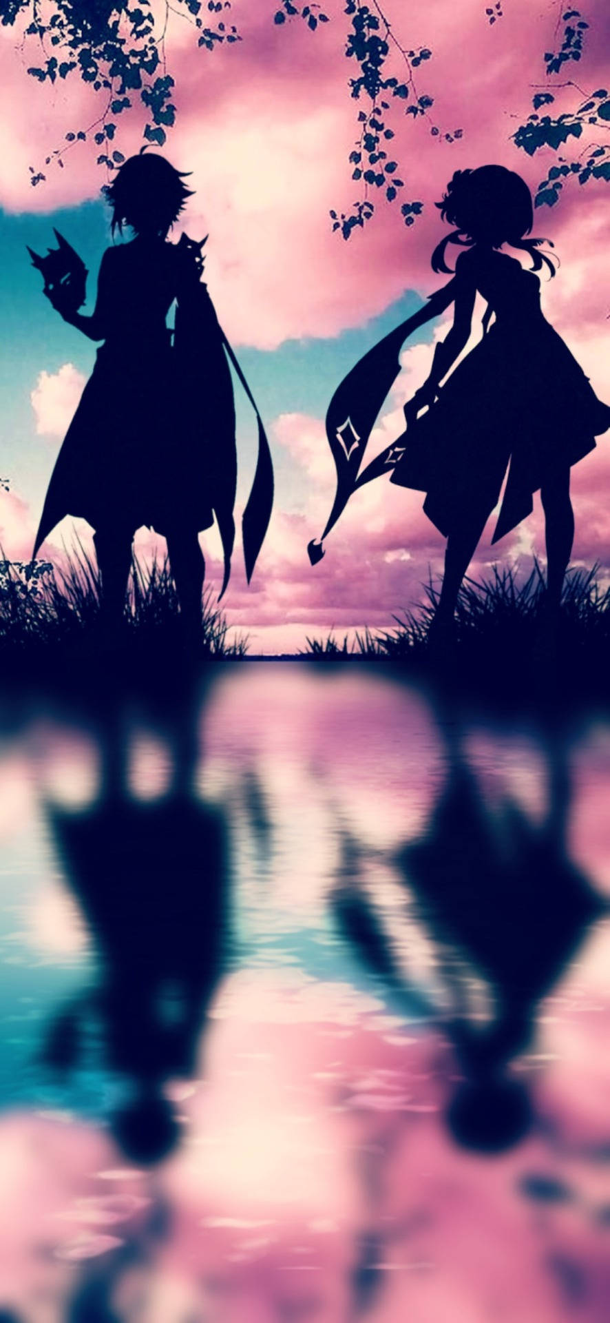 Genshin Impact, silhouette, pond, Full HD Phone Wallpaper